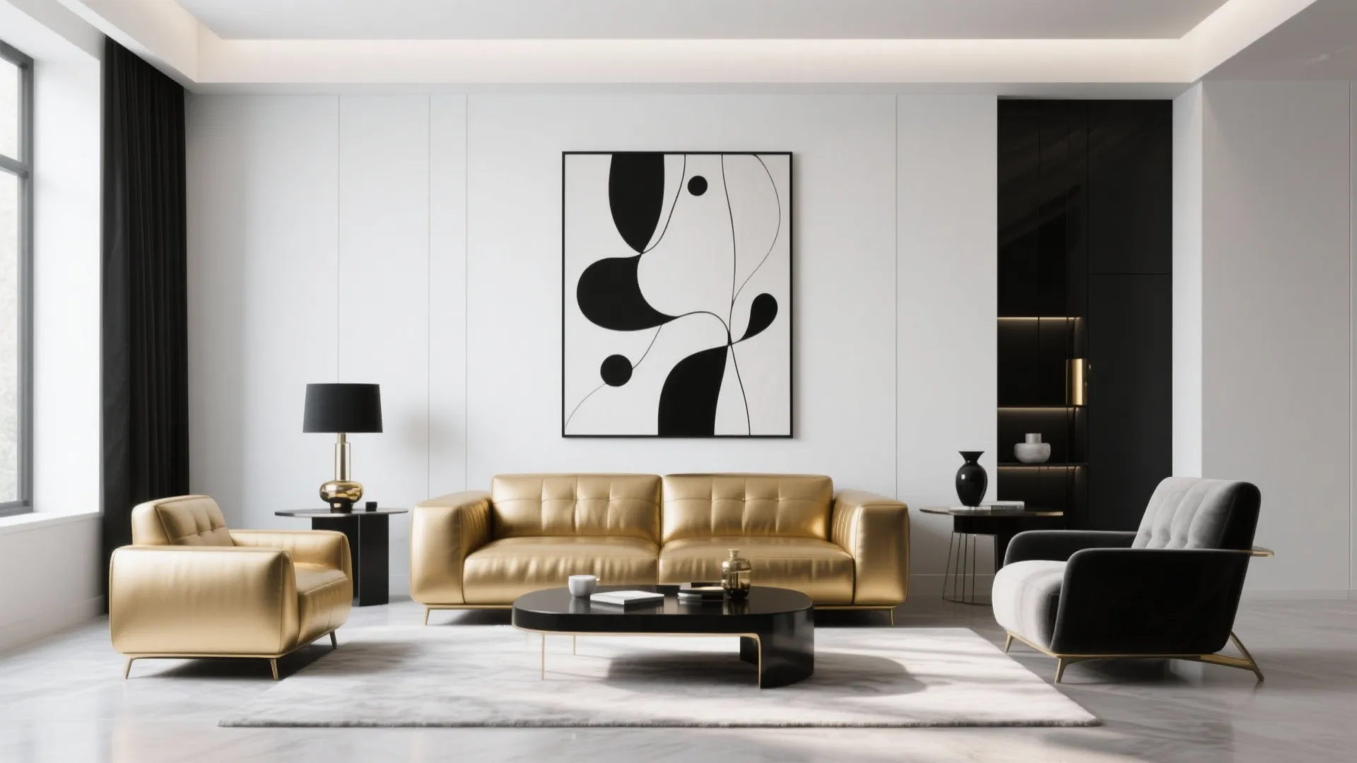 Modern living room featuring gold sofa, grey chair, black coffee table, and large abstract wall art