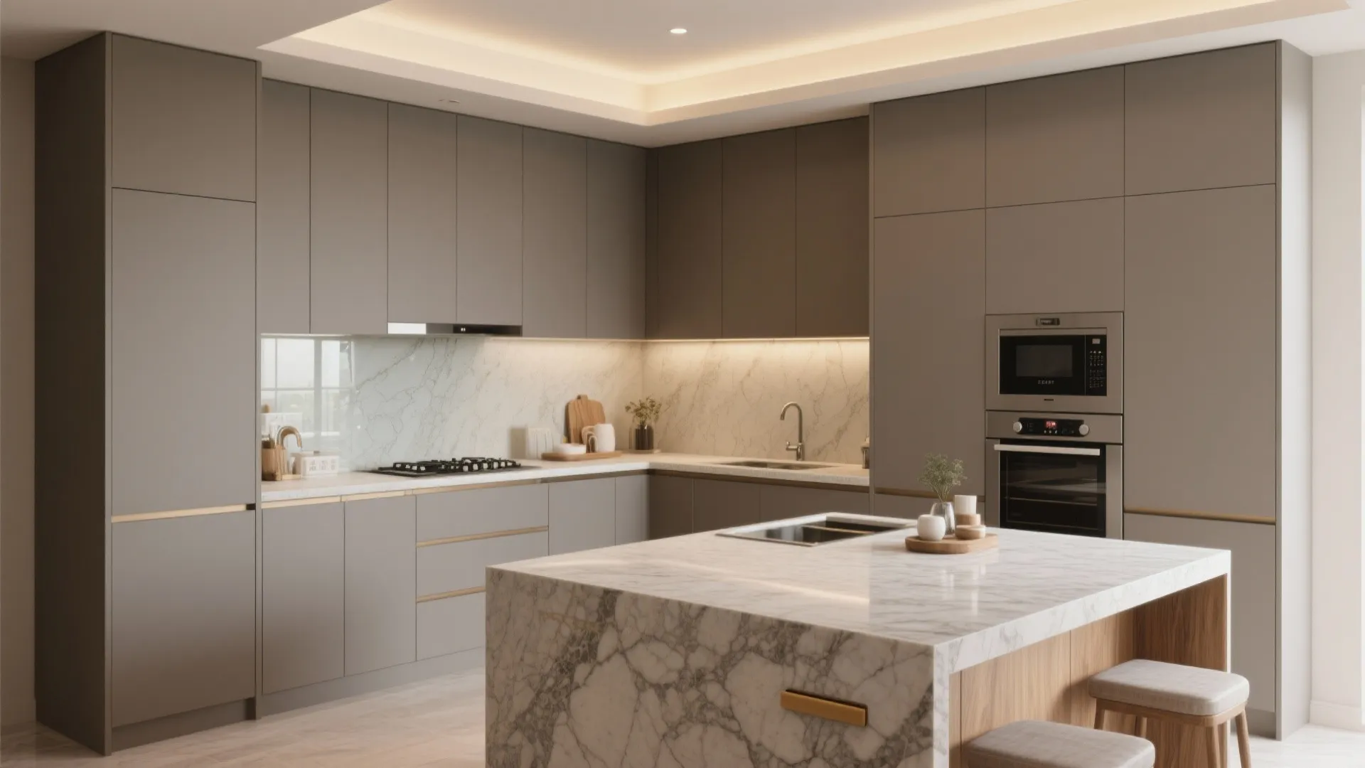 1) Minimal luxe kitchen storage with stone-texture accents