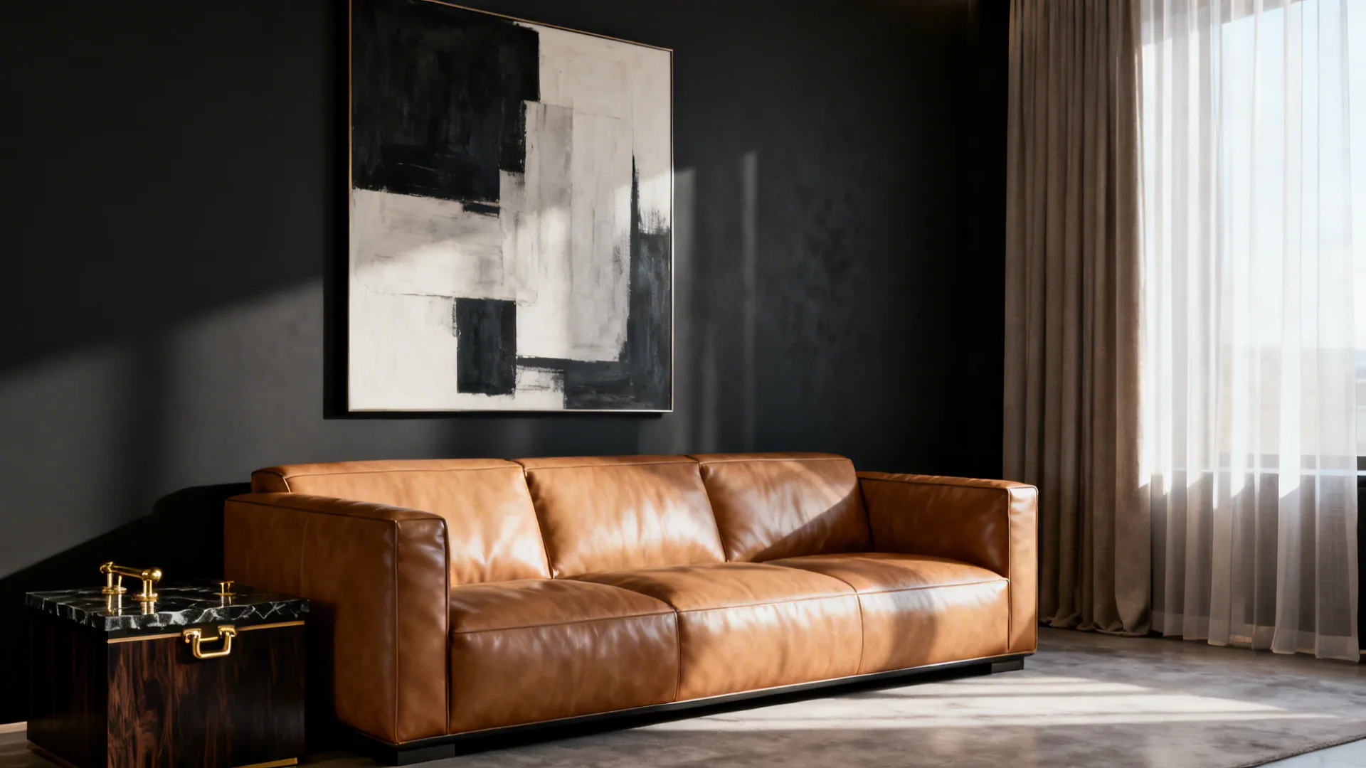 Modern living room with tan leather sofa black wall abstract painting marble table and beige curtains