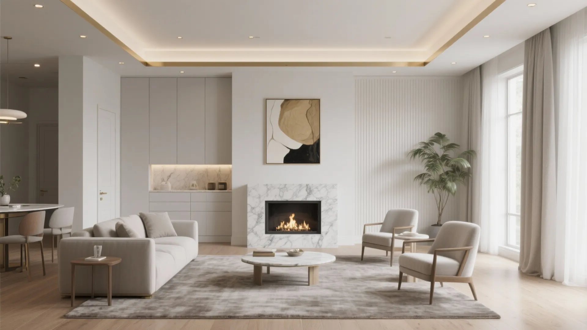 Modern white living room with marble fireplace grey sofa cream armchairs wood flooring and natural light