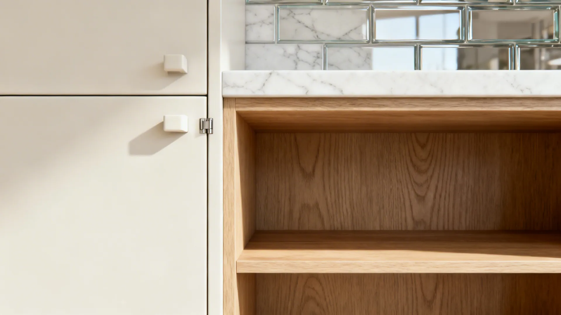 Macro of matte cabinet door, integrated pull, oak shelf, and veined quartz meeting glass tile.