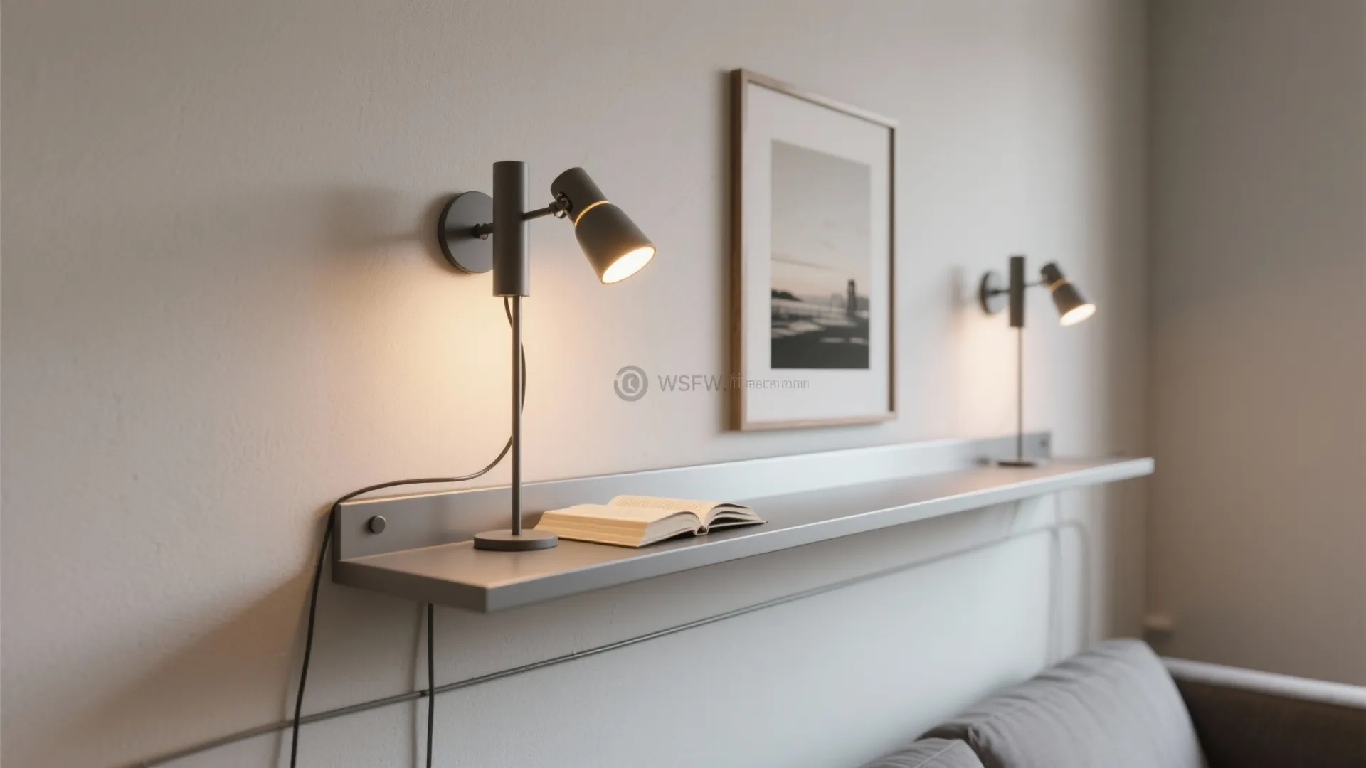 Slender magnetic sconces above a floating shelf providing warm task and ambient light.