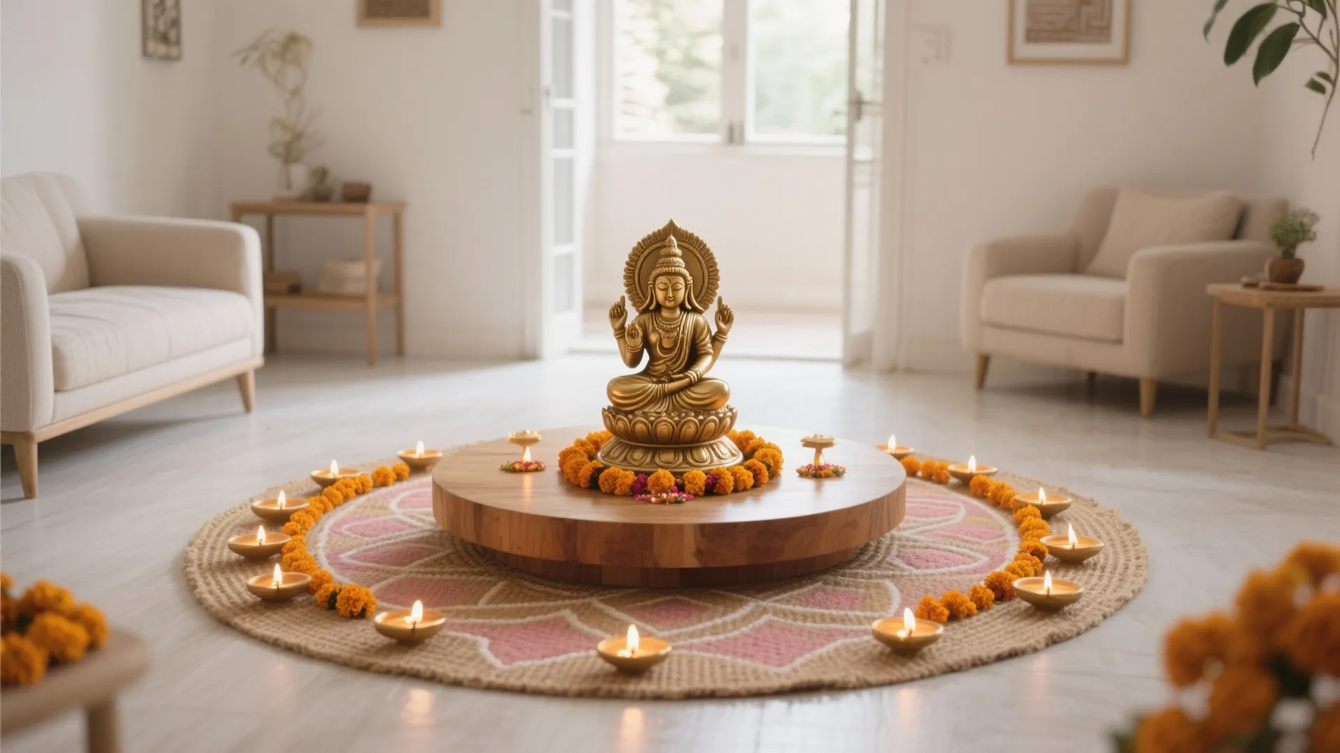 Small mandala altar with brass Laxmi on a jute rug and marigolds in soft daylight.
