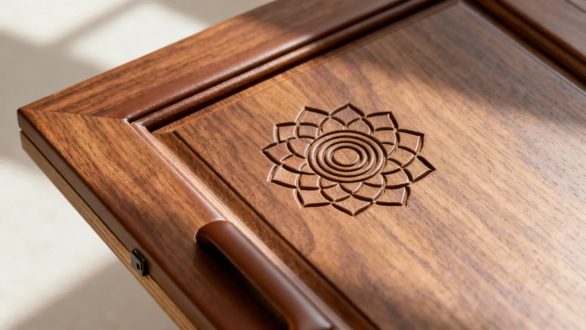 Macro of a walnut-veneered CNC door with a single minimal mandala carved cleanly.