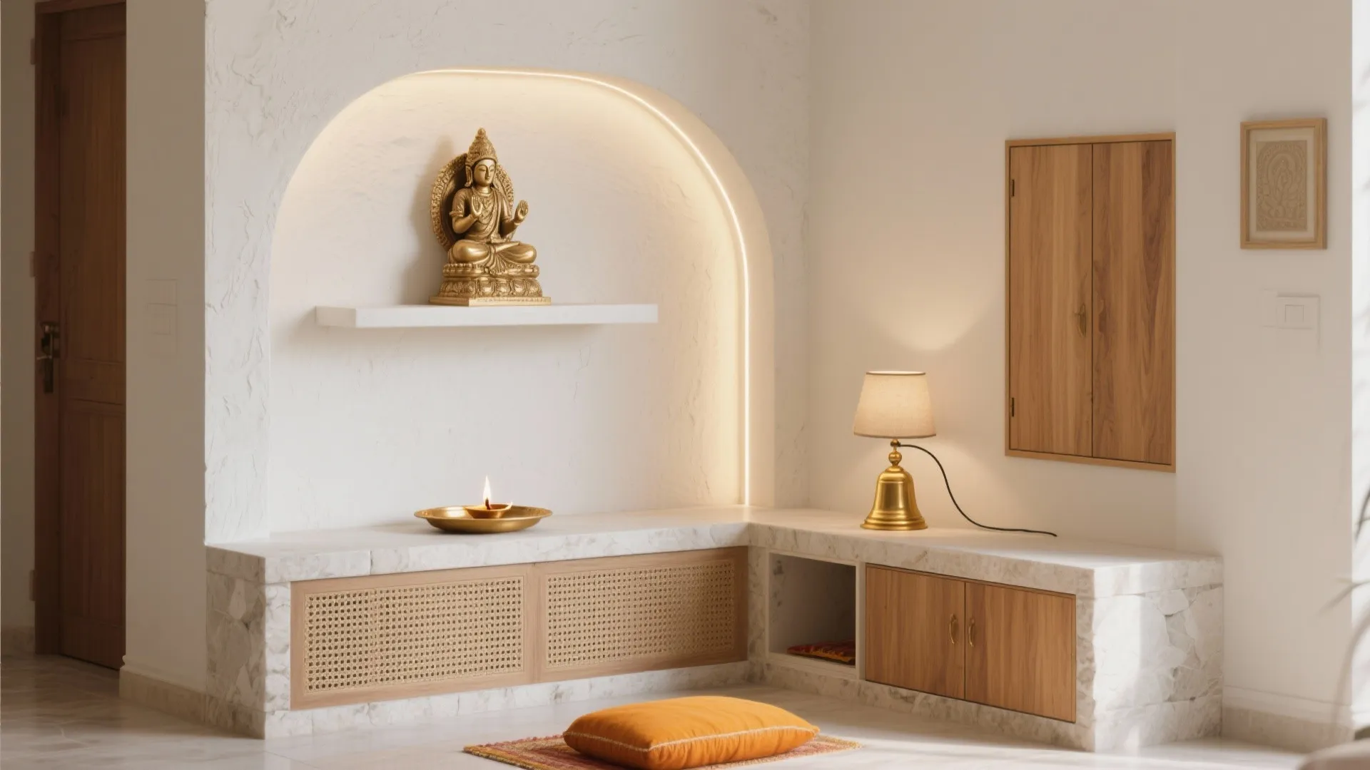 Minimalist prayer room with white walls, arched niche, gold statue, table lamp, and orange cushion