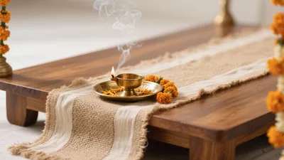 Serene Indian Puja Corner with Brass Diya and Marigolds