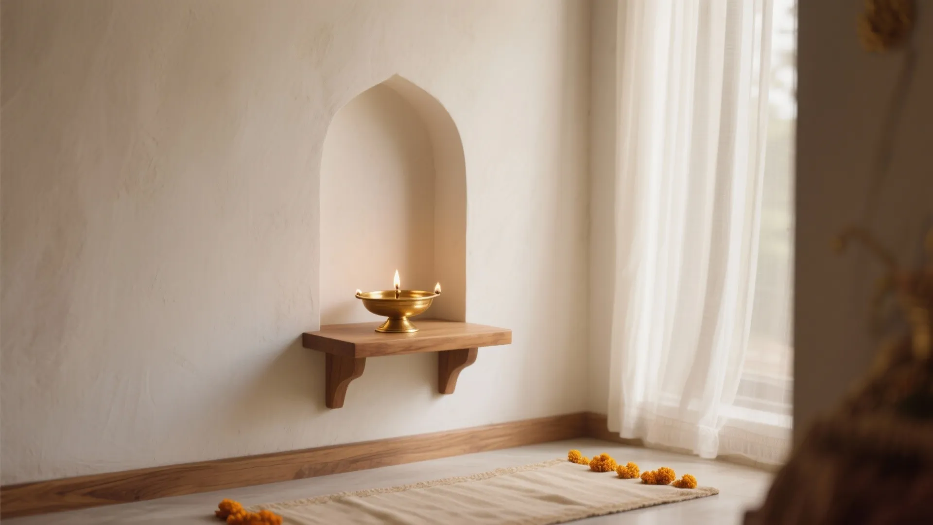 1) Minimal mandir corner with warm neutrals