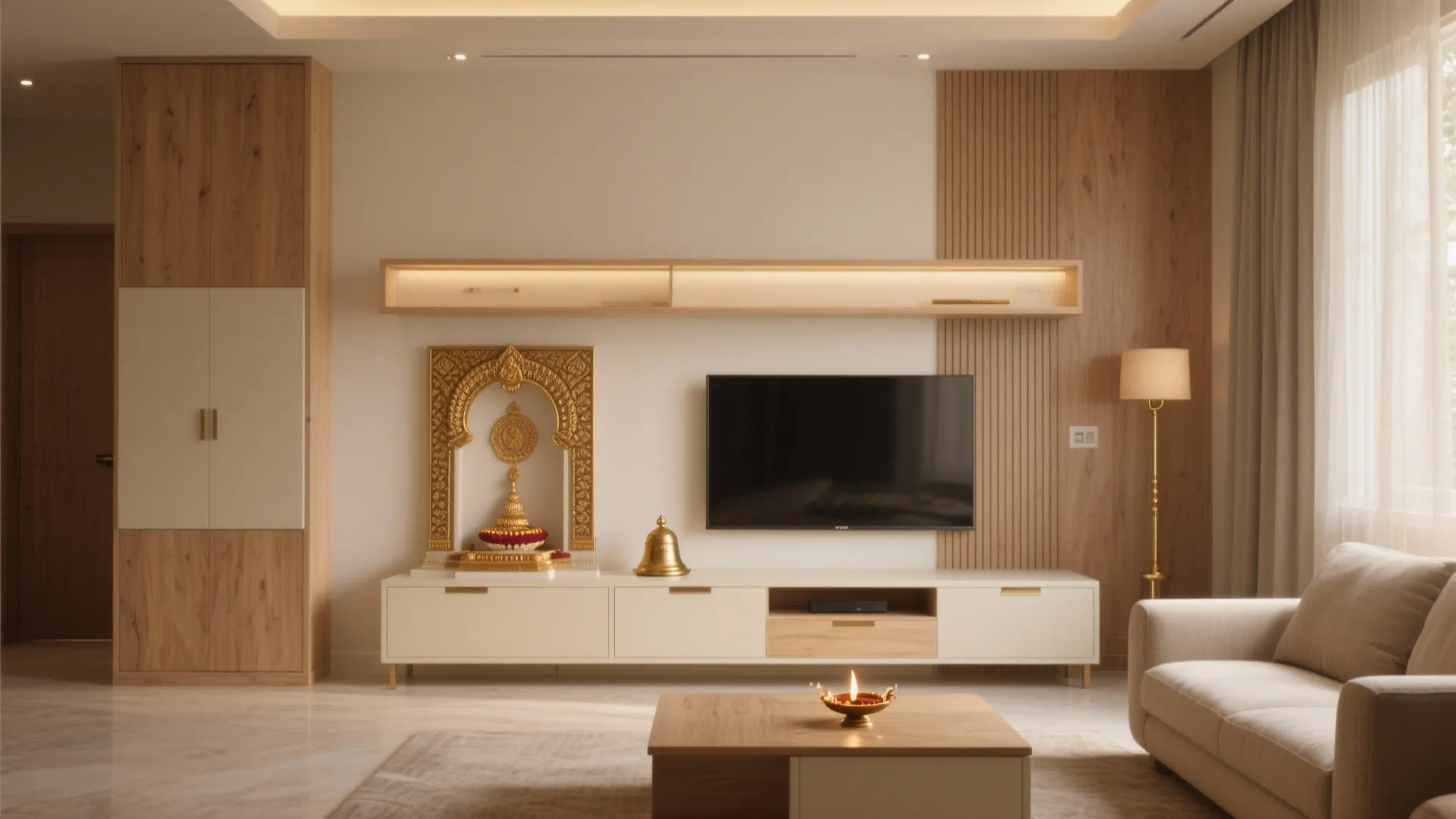 Modern living room with wooden wall panel white cabinet television small altar sofa and floor lamp