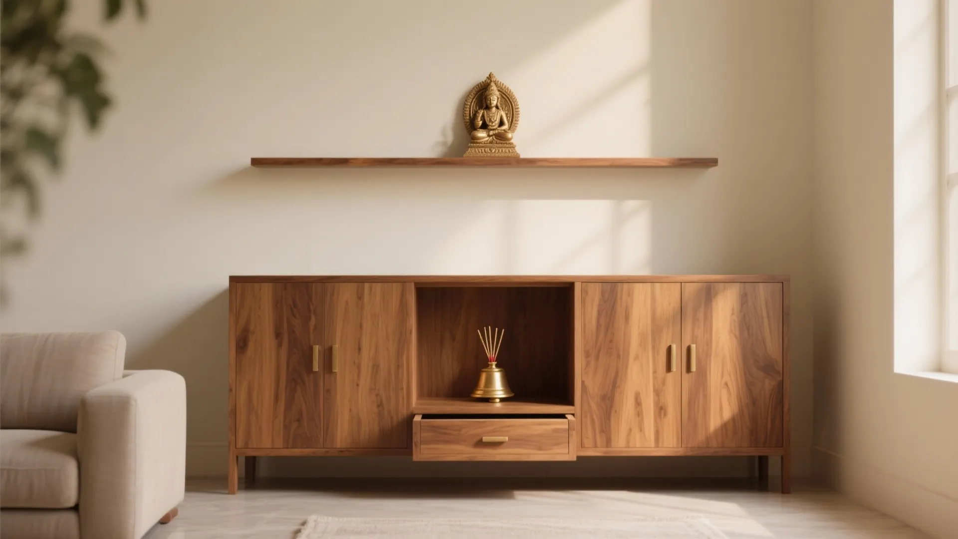 Minimal wooden mandir with clean lines