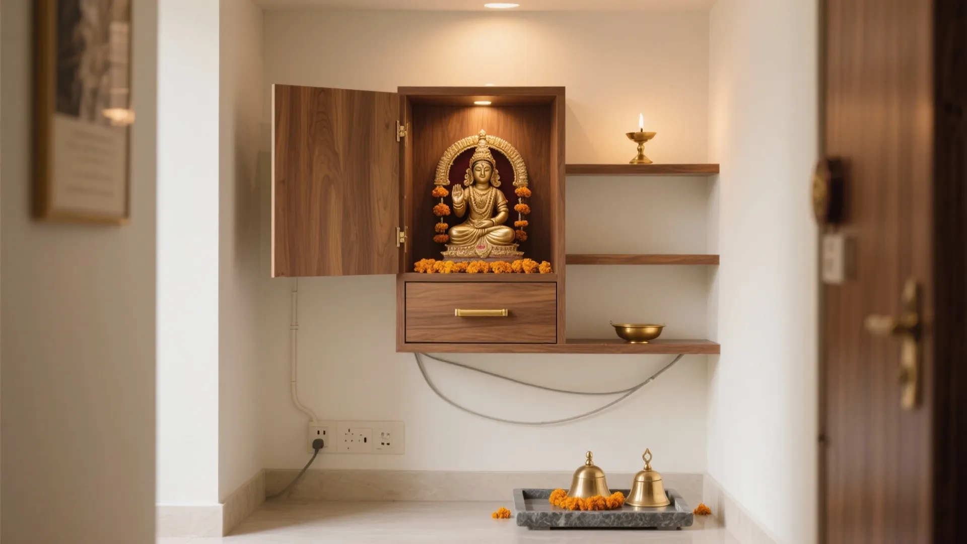 Minimal wall-mounted mandir with hidden storage and a flip-down aarti shelf in a small apartment nook.