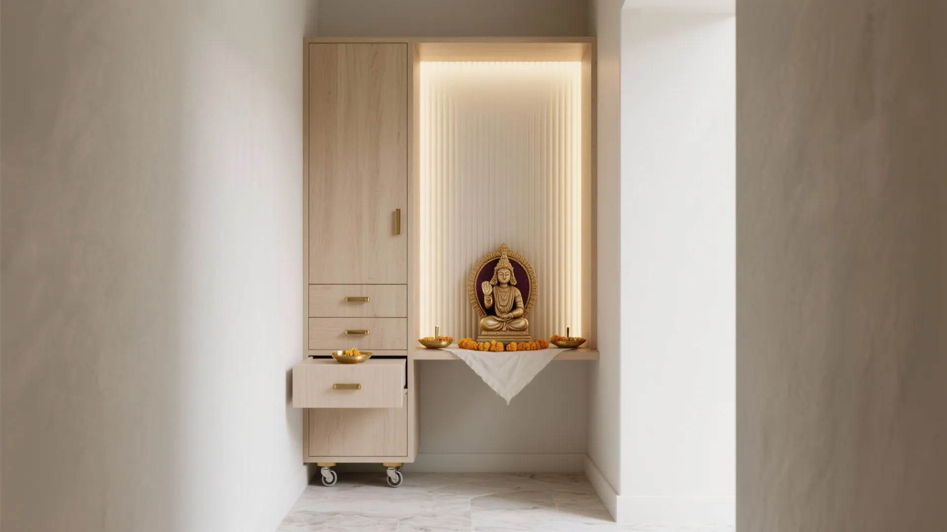 Modern minimalist prayer space with light wood cabinet golden buddha statue and soft back lighting
