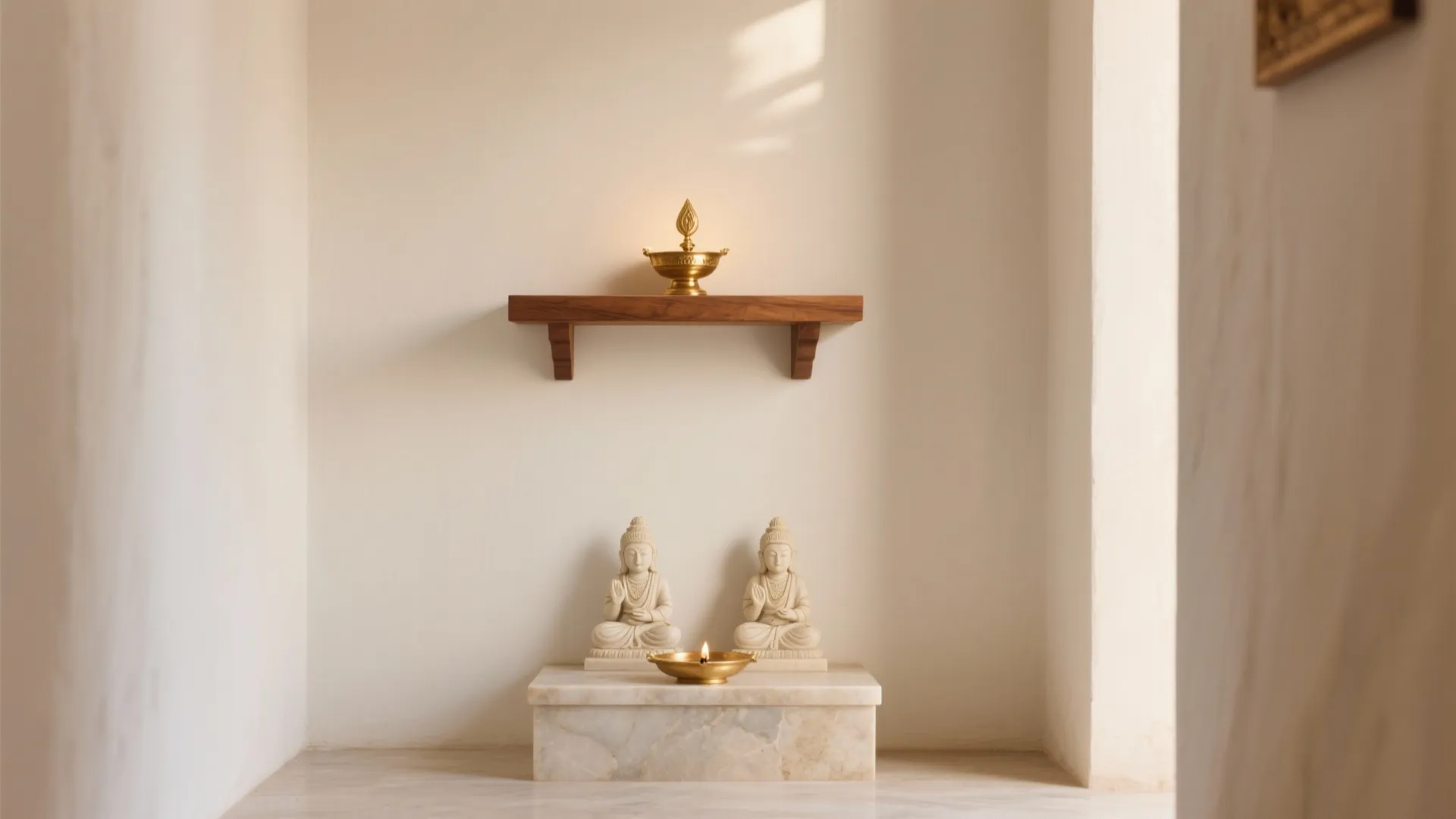 Soft-Minimal Mandir Backdrop & Slim Shelf