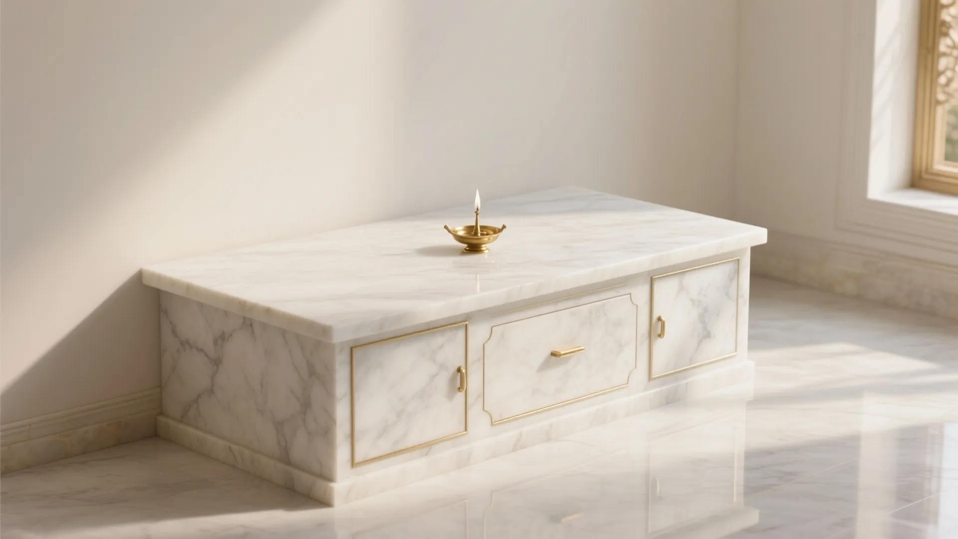 Low white marble cabinet with gold trim and drawers on a polished white marble floor