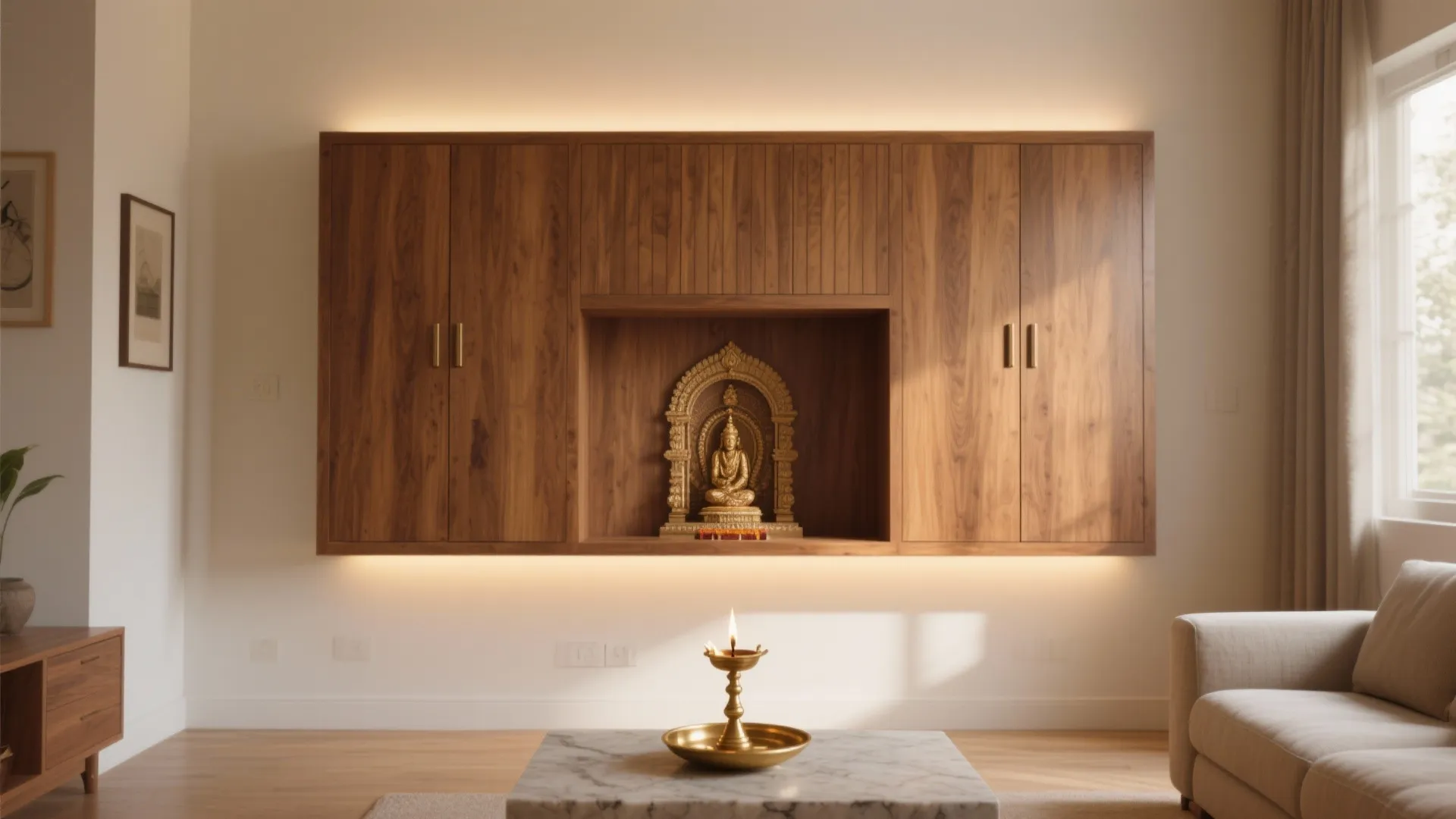 Warm-minimal wall-mounted mandir with doors