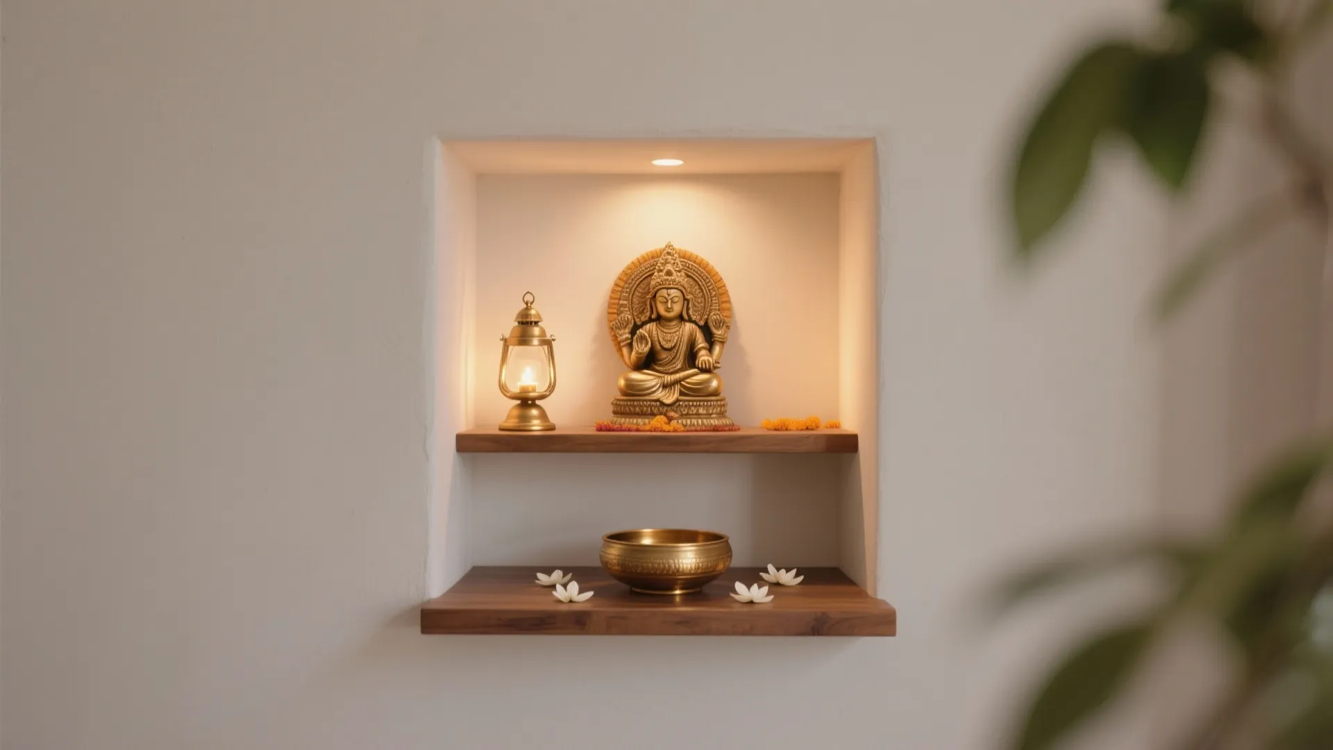 Minimalist mandir with warm 2700–3000K lighting, brass bell, brass urli, and floating wooden shelf for Diwali pooja.