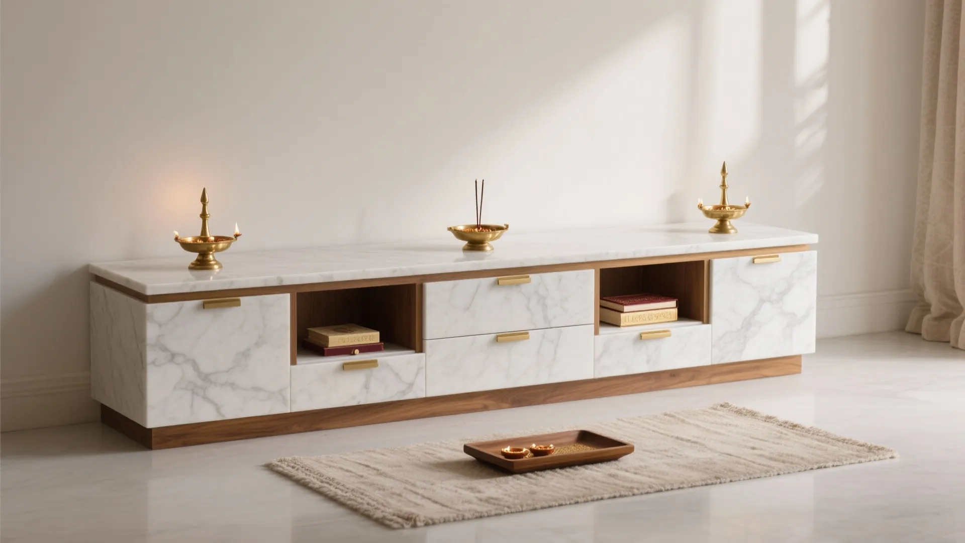 Minimal Marble Mandir with Concealed Storage