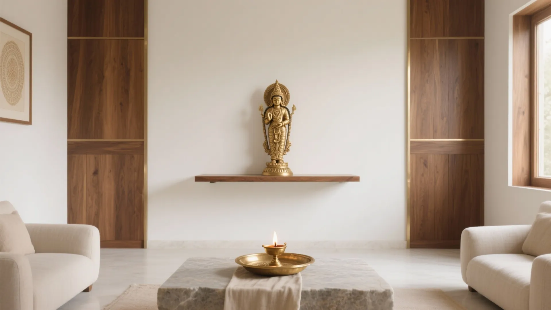 Minimalist prayer room with white walls wooden wall panel gold statue and two white fabric sofas
