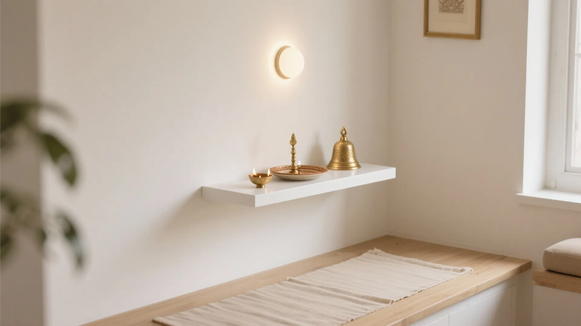 Minimal Mandir Nook: Calm Altar Shelving & Soft Whites