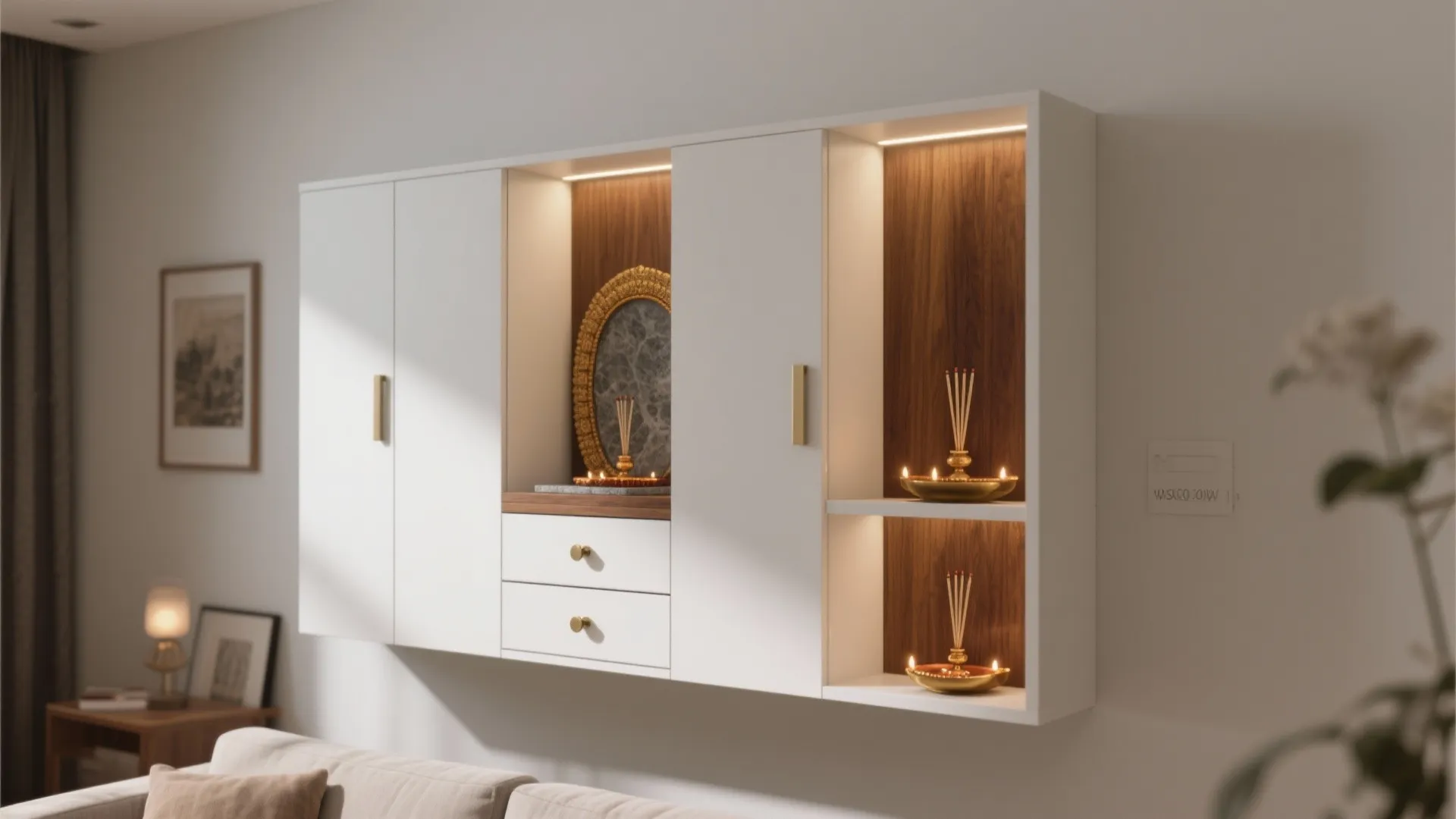 Minimalist Mandir Wall Unit with Concealed Storage
