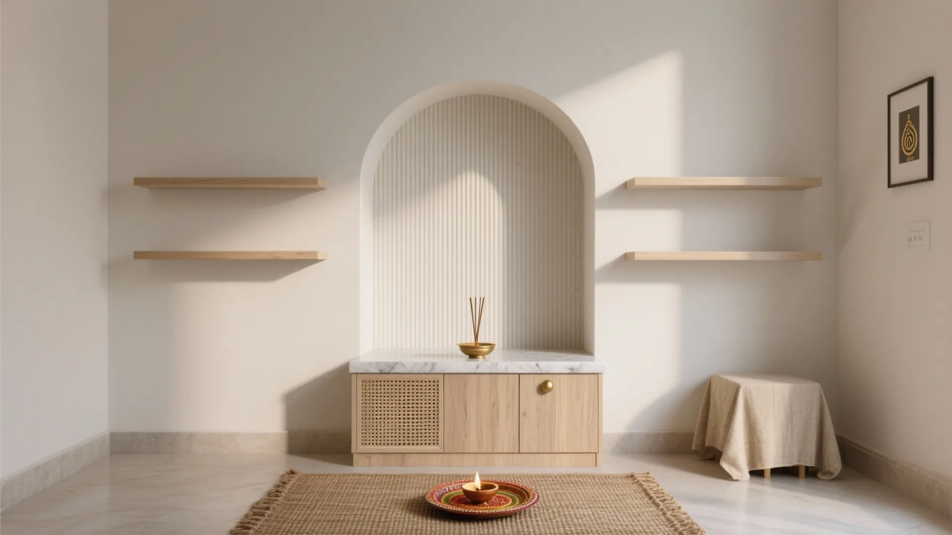 Minimal Mandir Wall With Concealed Storage