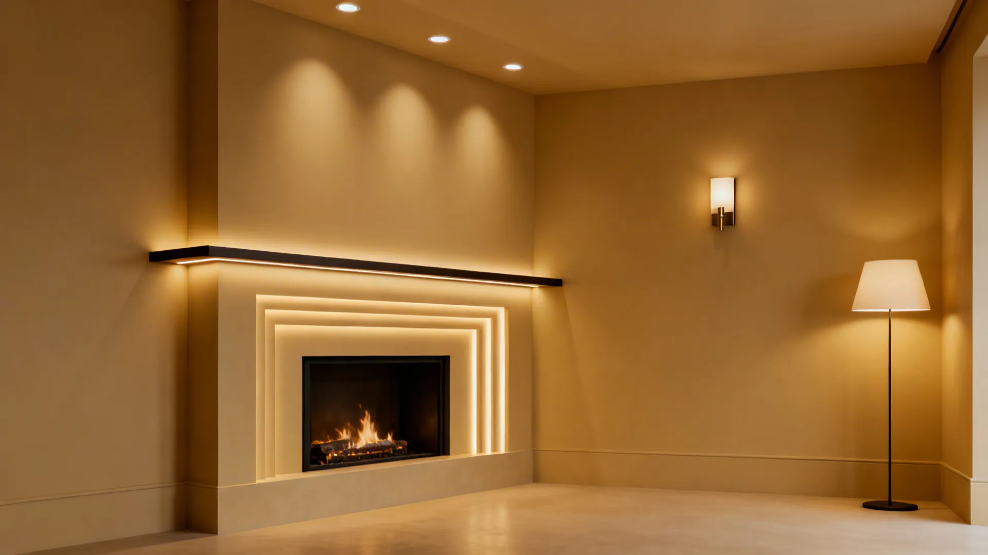 Thin minimalist mantel above a corner fireplace with layered lighting in a modern small living room