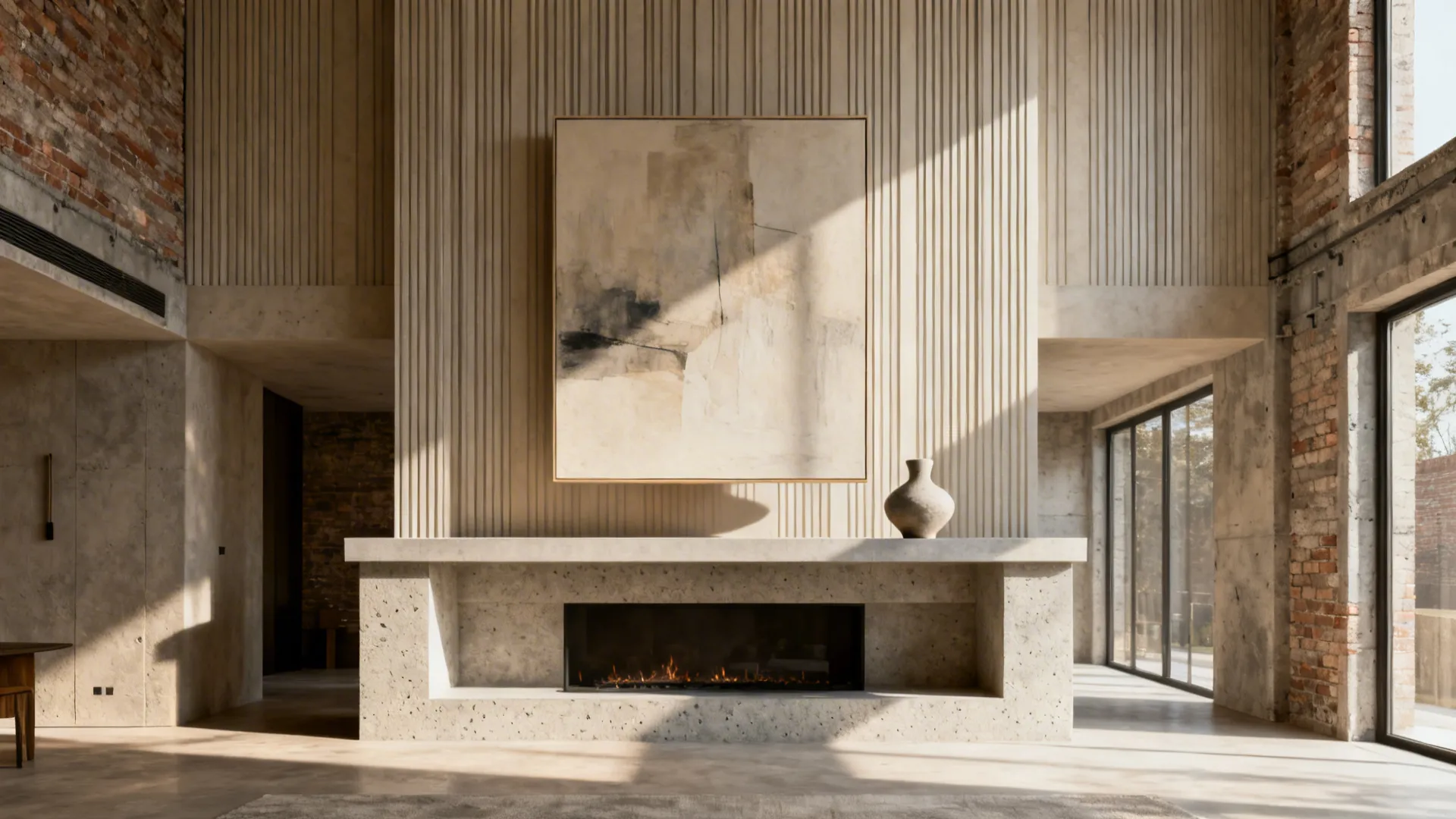 Fireplace with a minimal mantel and one large artwork above, creating a clean focal point.