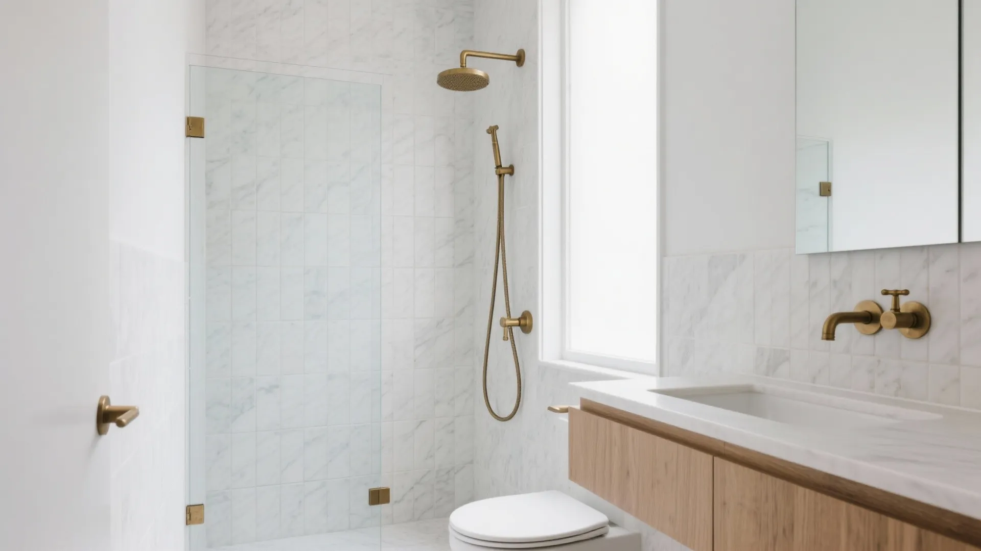 1) Minimalist marble field tile with warm brass accents
