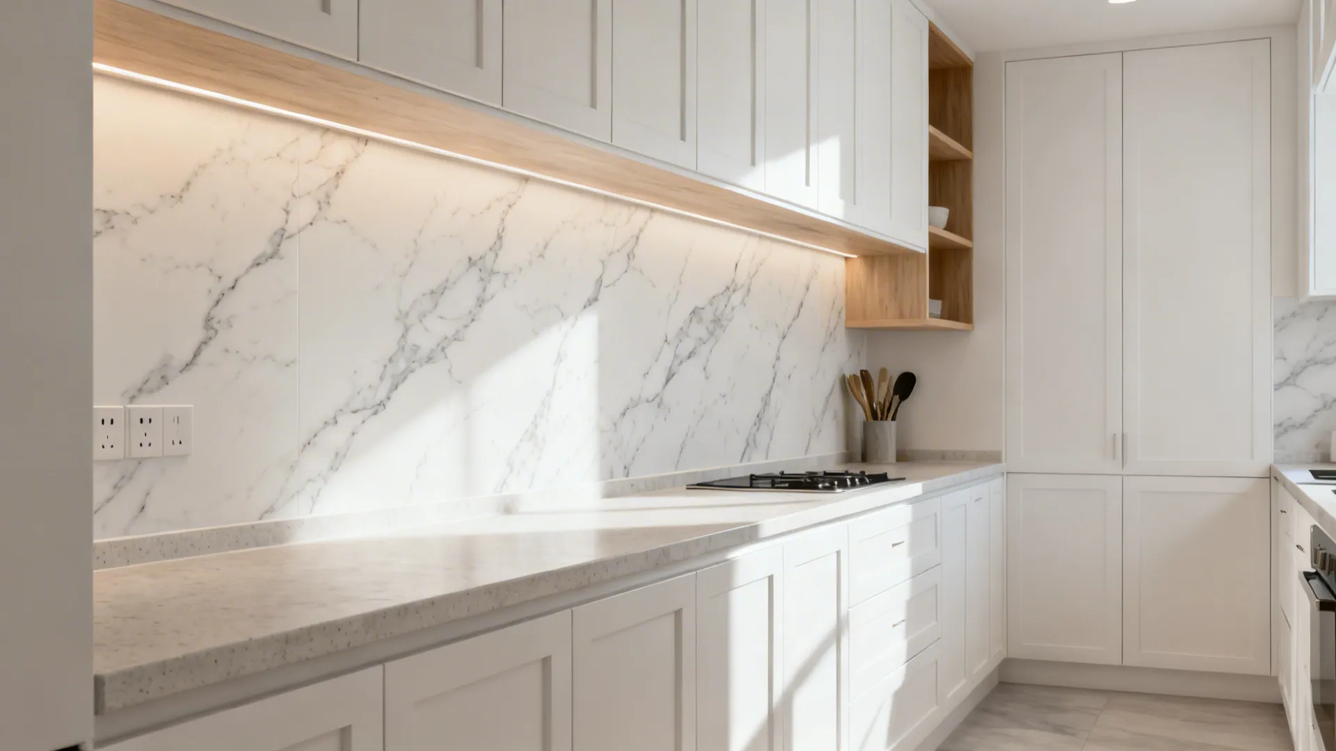 Narrow galley kitchen with seamless marble-look peel panels and soft veining.