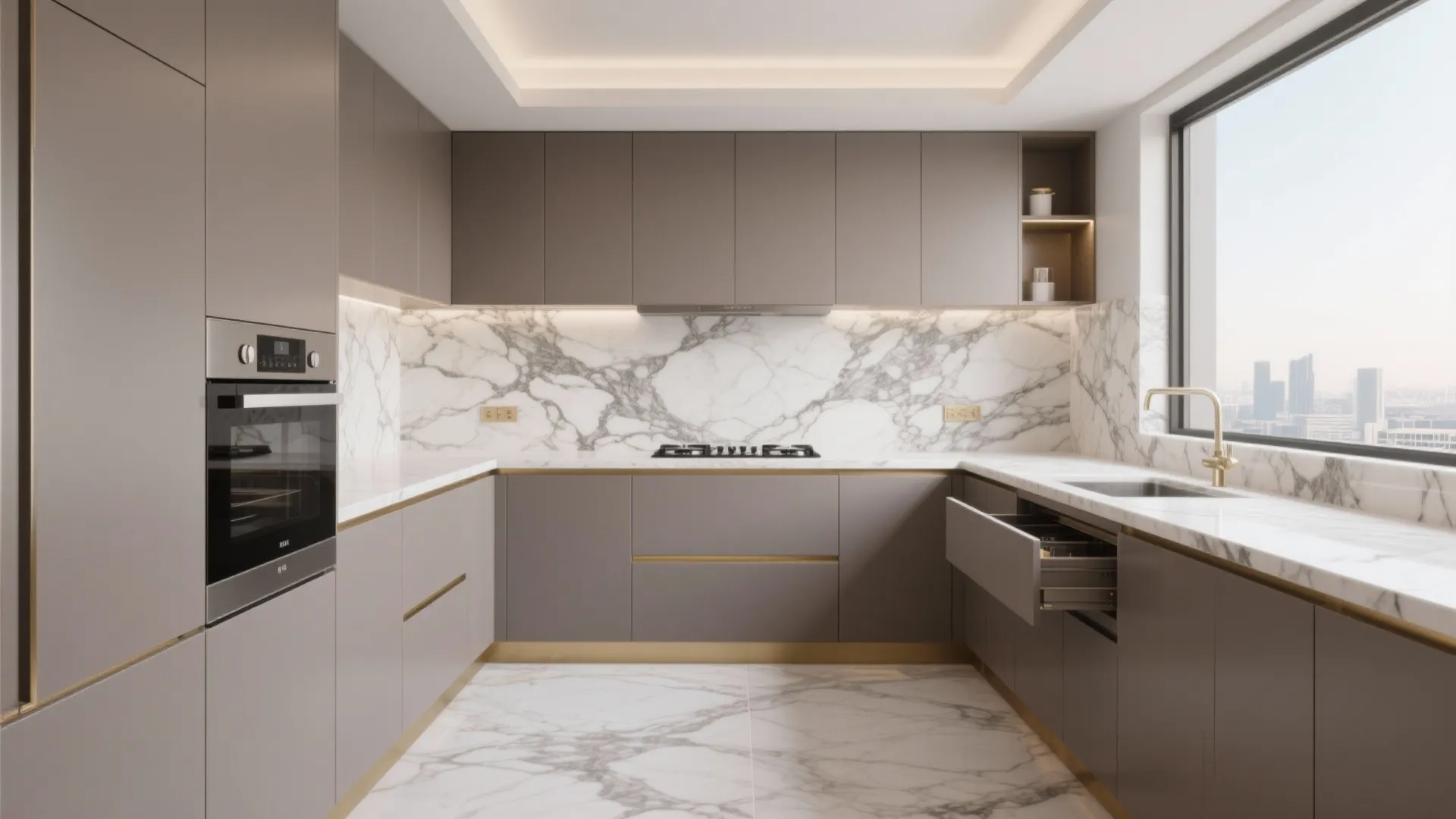 Minimal marble kitchens with concealed storage