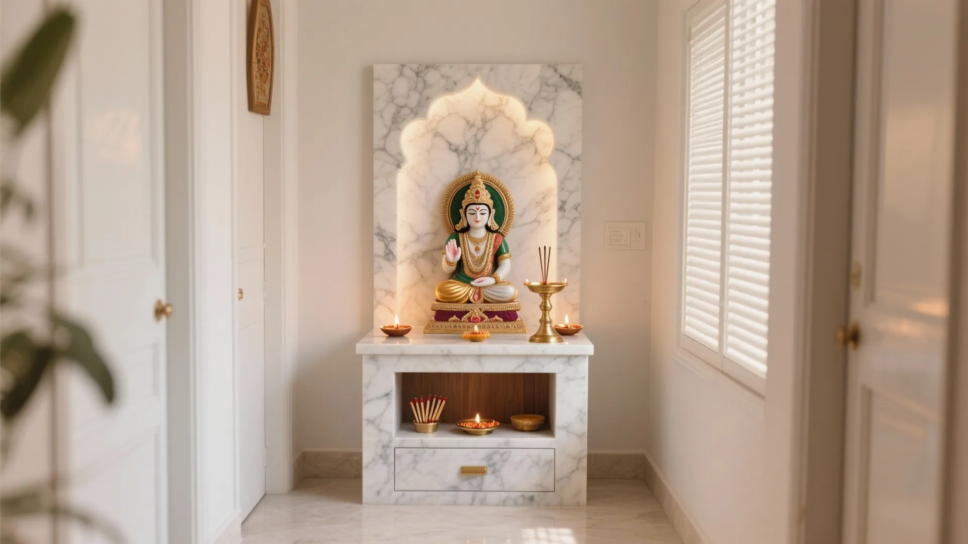 Minimal marble mandir with hidden drawer and veined back panel glowing in soft daylight.