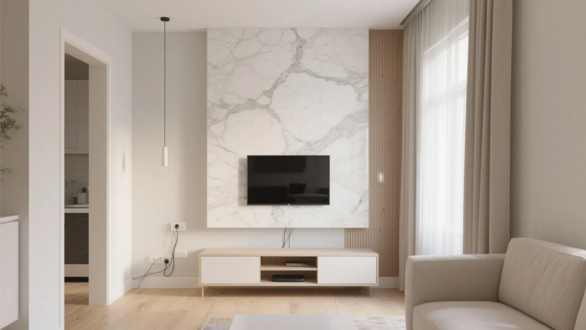 1) Minimal Marble Accent Wall in the Living Area