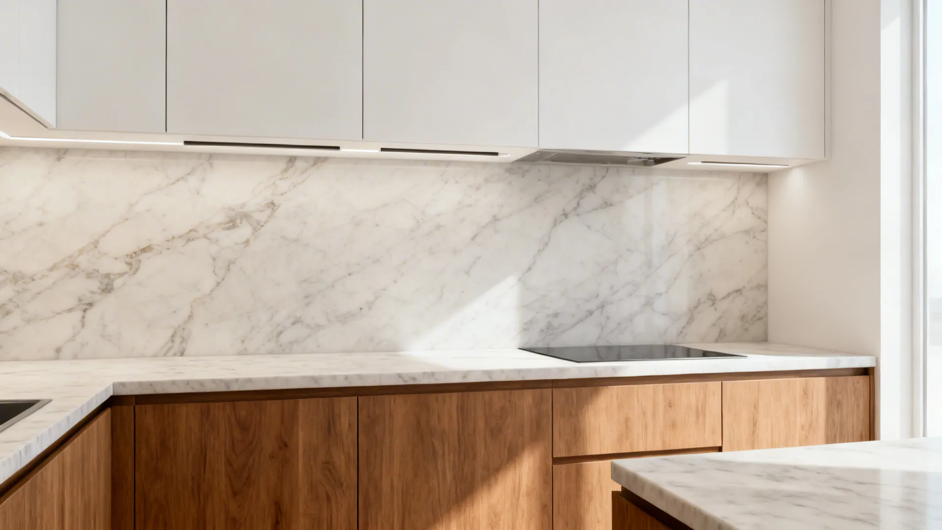 Minimalist kitchen with light marble slab backsplash and handleless white cabinets