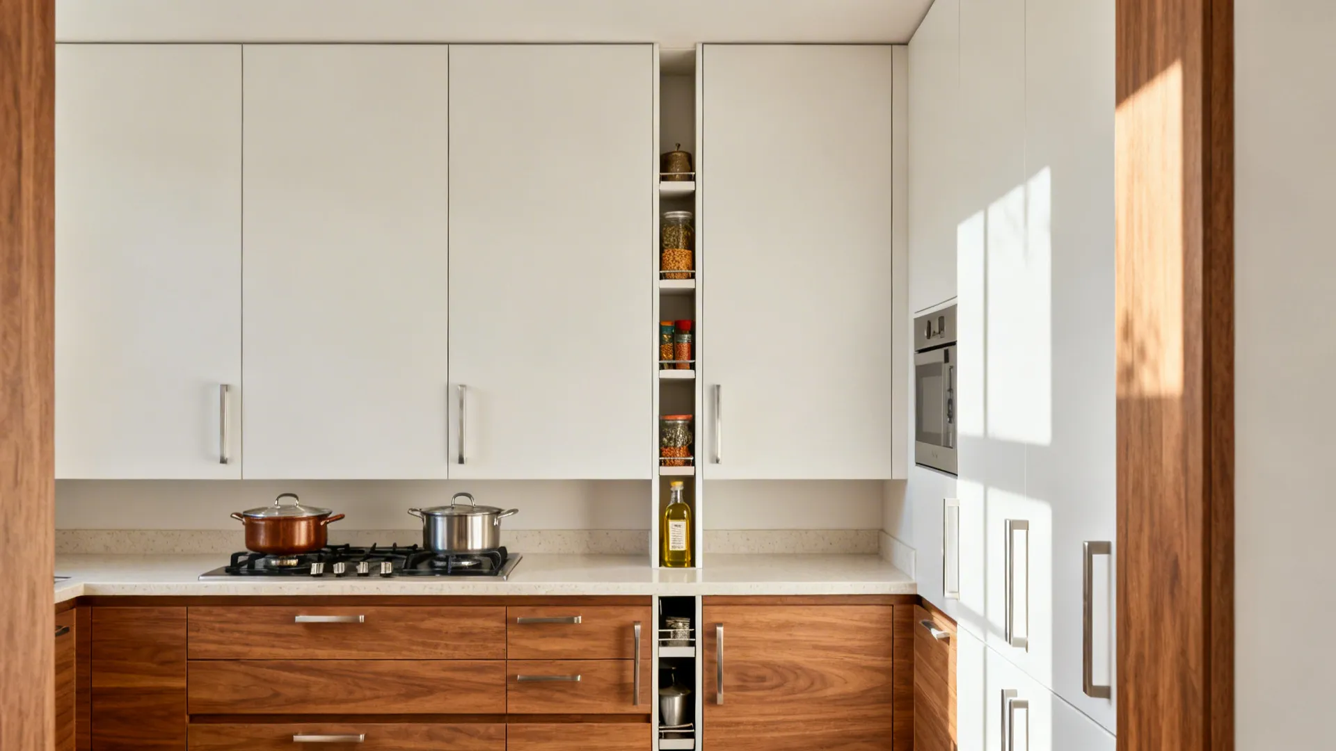 Slim pull-out pantry and organized drawers in a minimalist Indian compact kitchen.
