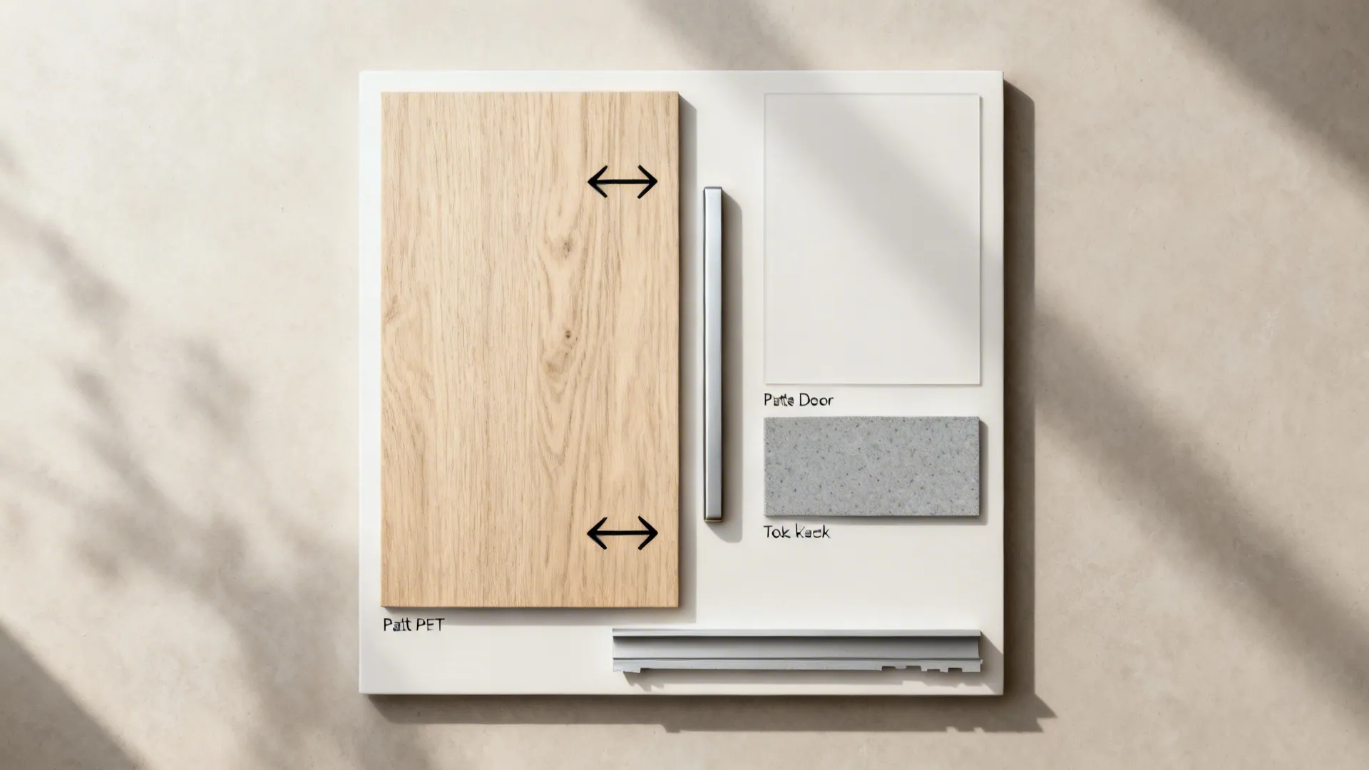 Interior design material board with wood panel white door sample grey stone and metal handle bar