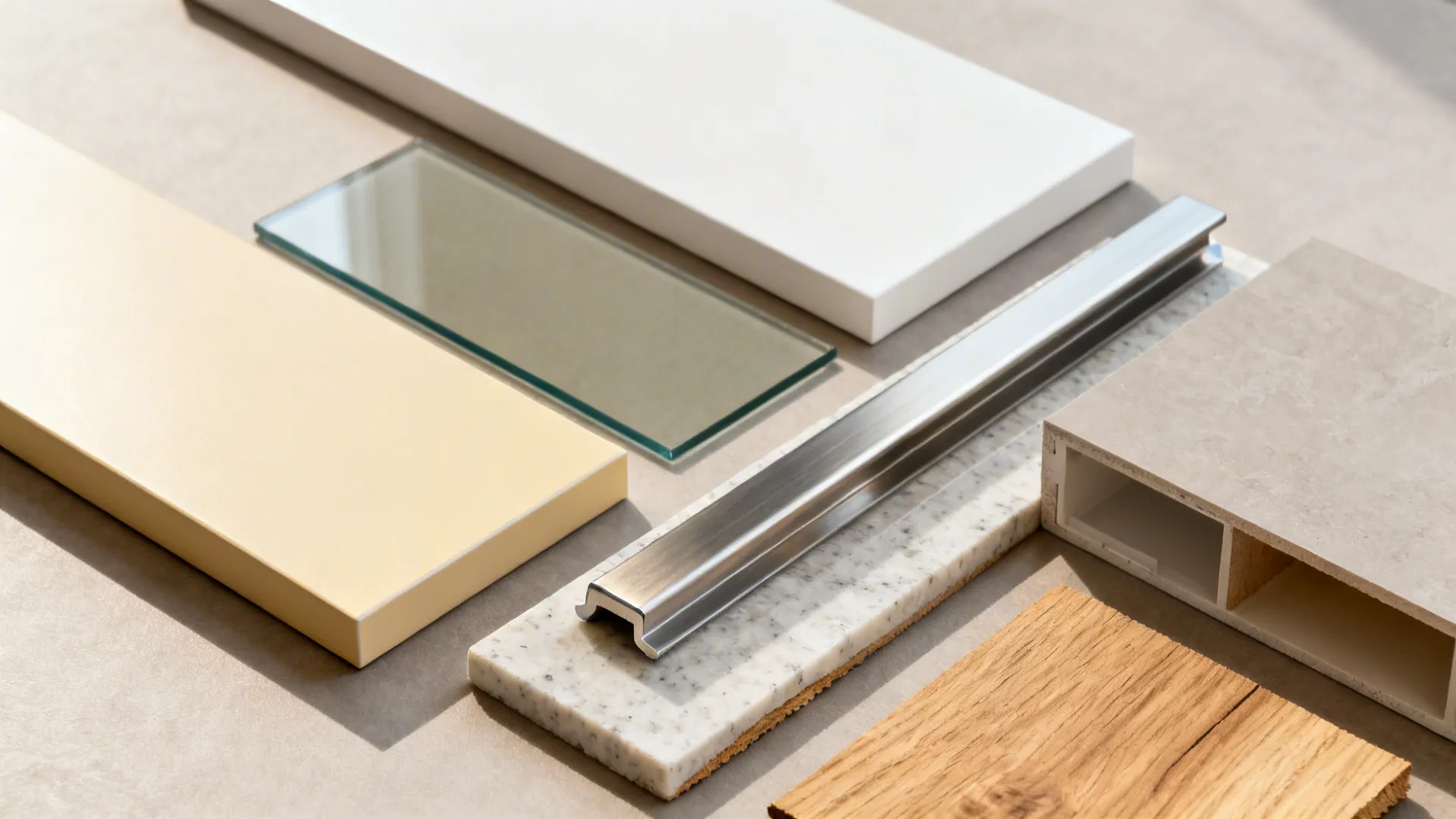 Flatlay of matte lacquer, low-iron glass, quartz, brushed metal, and oak samples for a minimalist elevation.
