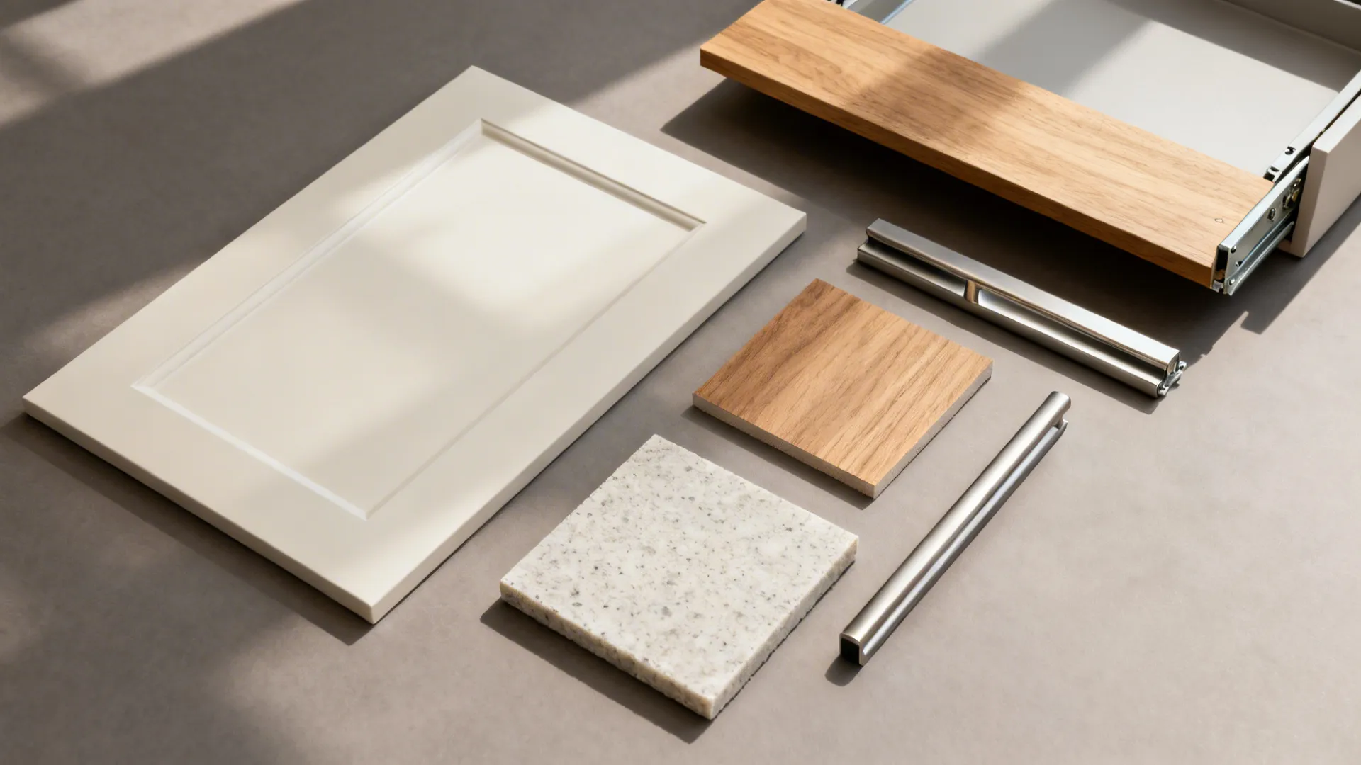 Kitchen cabinet material samples including white door panel wood pieces stone tiles and metal handles