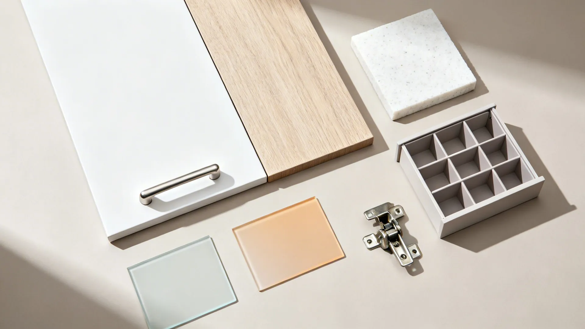 Flat lay of matte white cabinet, oak veneer, satin glass, quartz, and hardware samples.