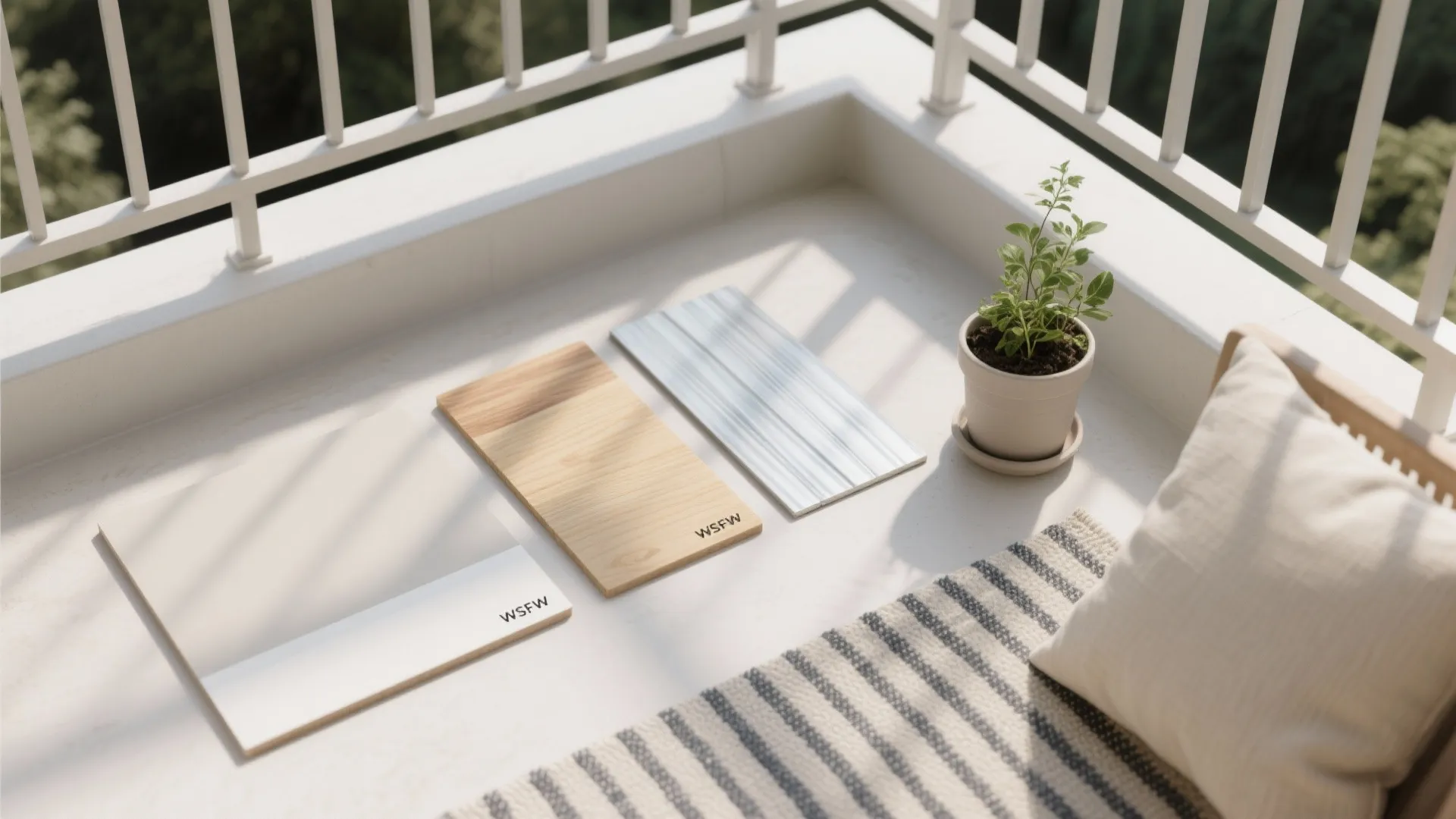 Minimalist balcony storage and seating