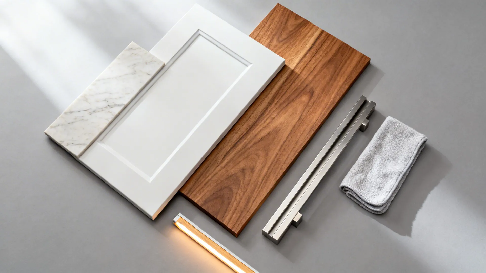 Flat lay with light marble, white cabinet, acacia veneer, and stainless details