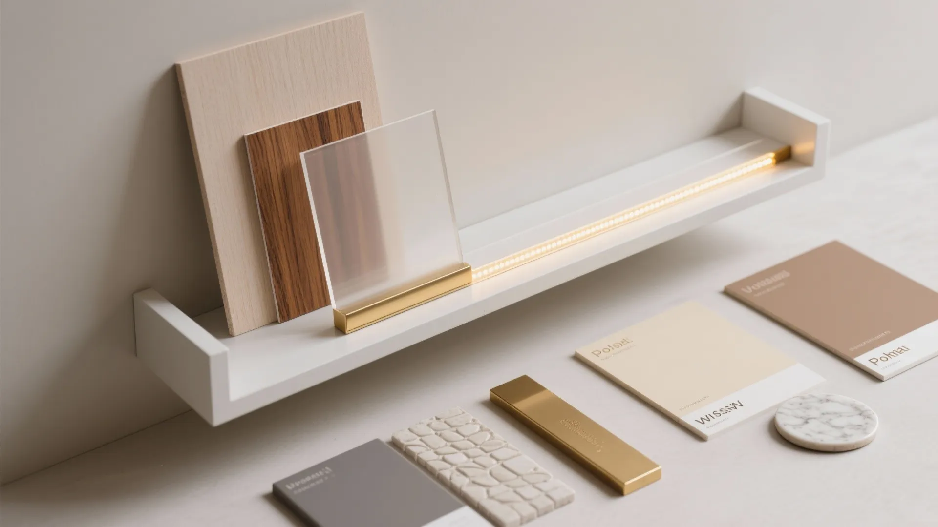 Collection of interior design material samples including wood marble and metal on white wall shelf
