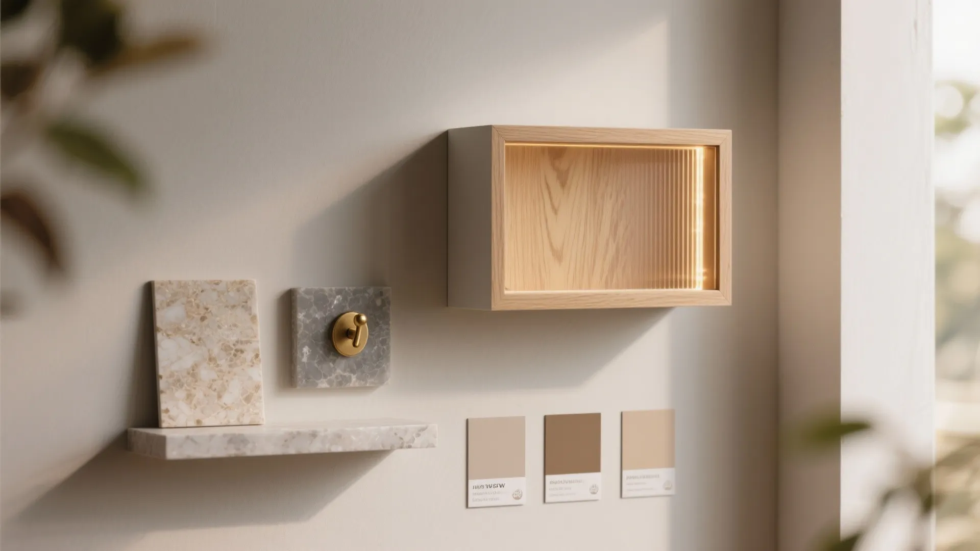 Modern wall display featuring a wooden light box marble shelf gold hook and paint cards