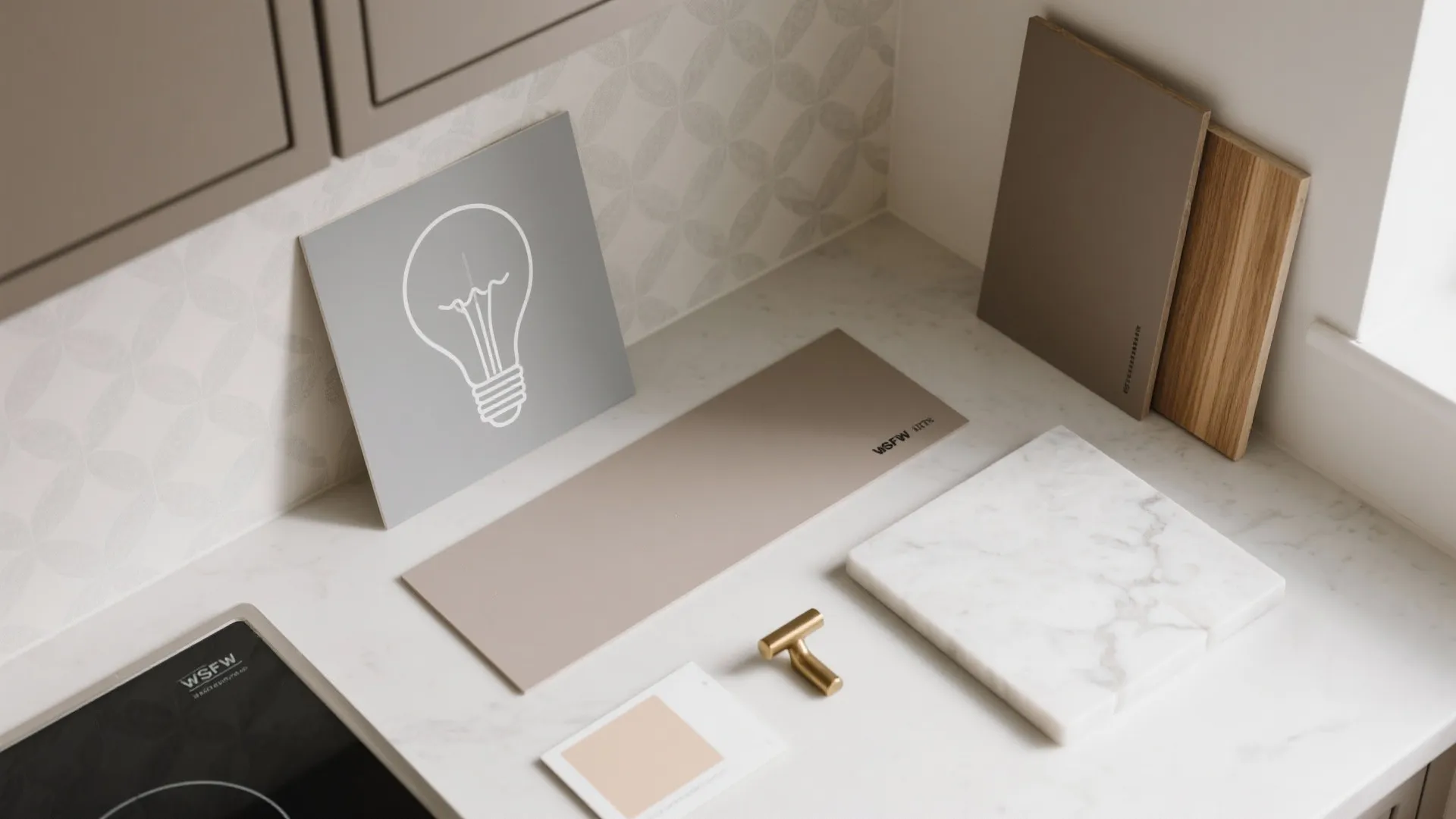 Minimal light bulb motifs for a modern micro-kitchen