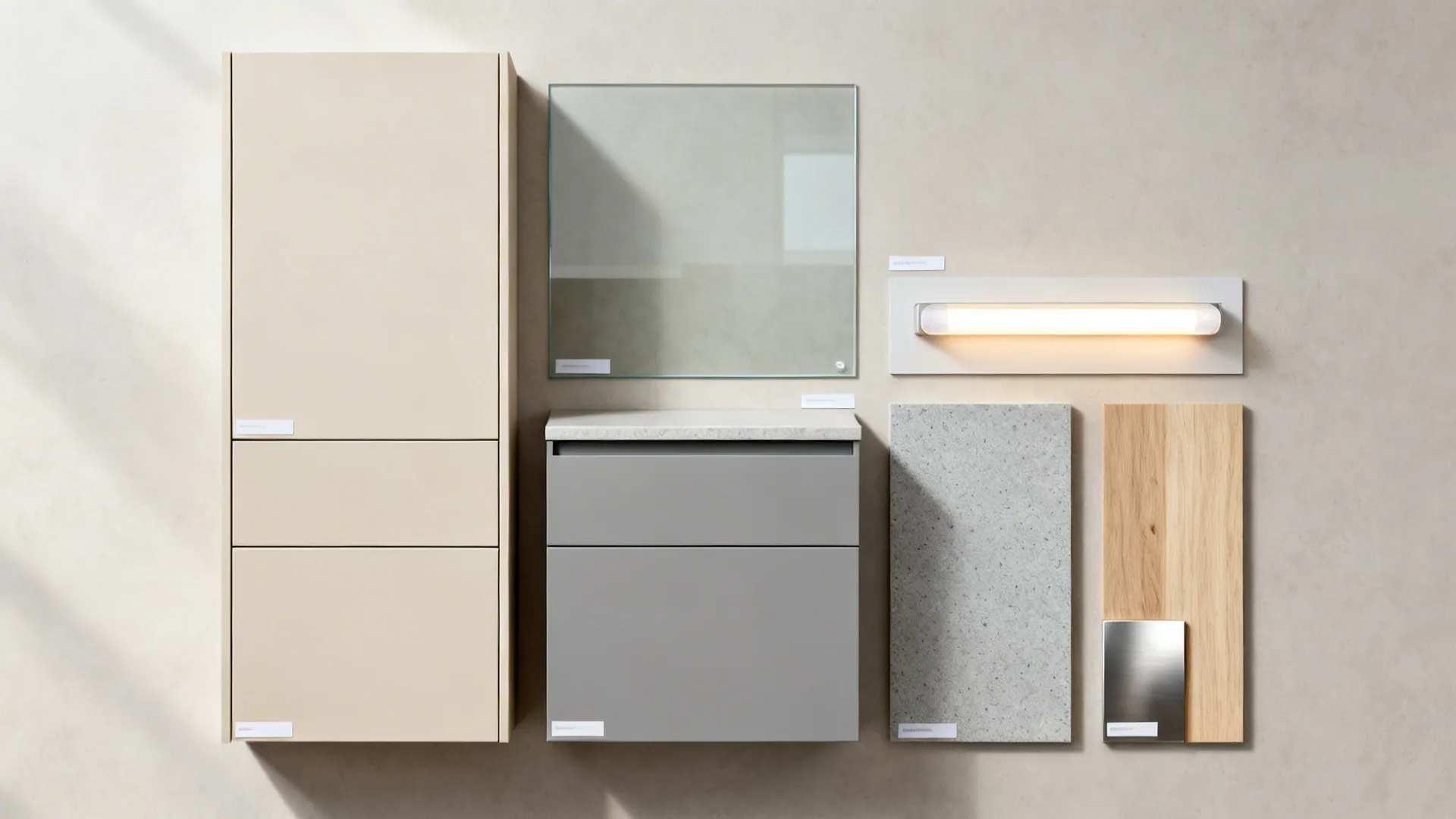 Flat lay of beige and gray cabinet finishes, quartz, glass backsplash, and LED strip.