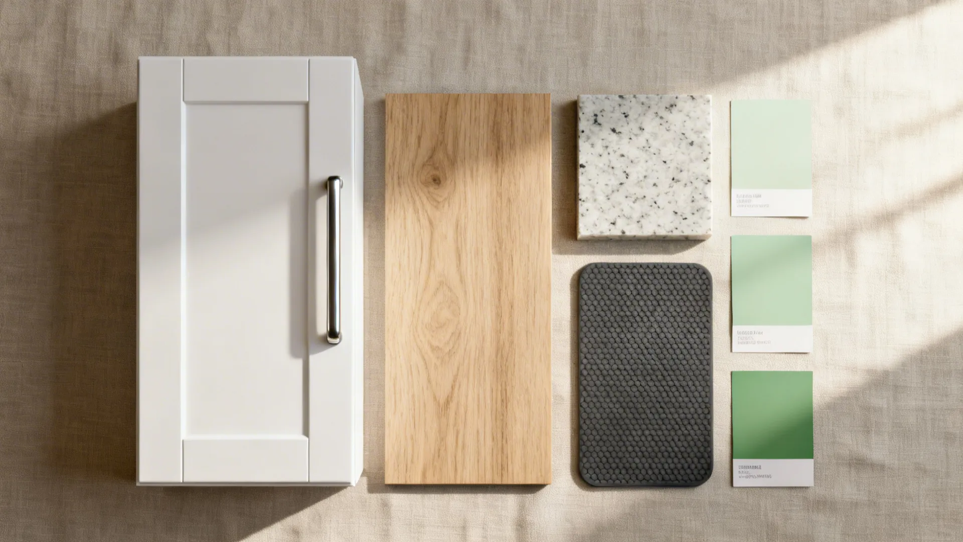 Interior design mood board with white cabinet door, wood plank, stone tile, and green swatches