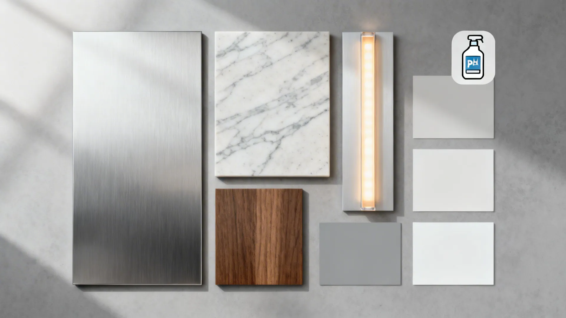 Minimal aluminium frames with honed marble surfaces
