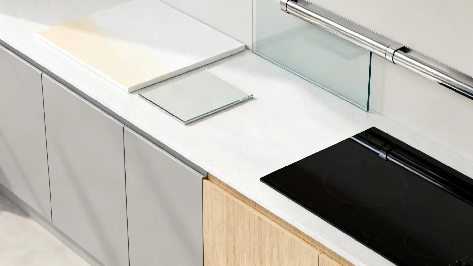 Kitchen countertop with glass samples, stone board, black electric stovetop, and mixed wood cabinet finishes