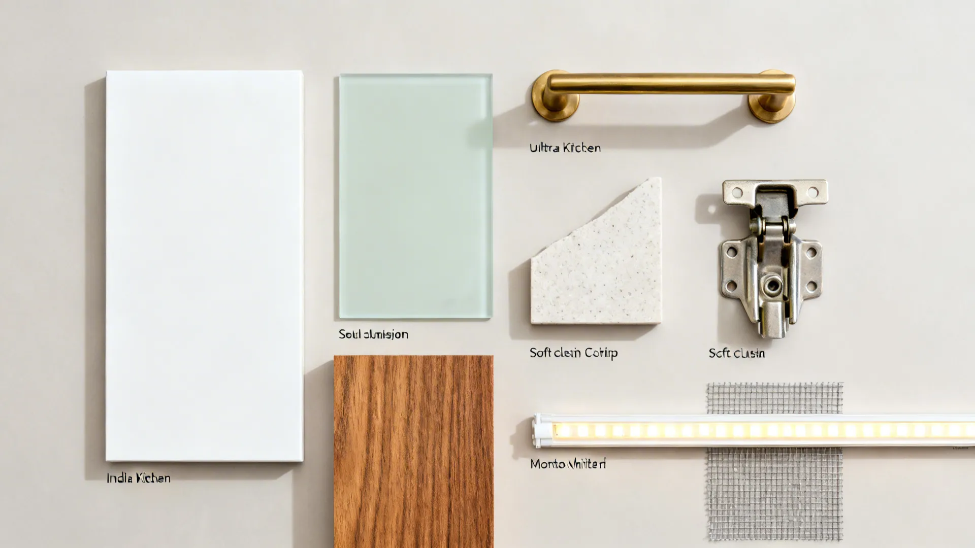 Flat lay of matte white laminate, pale sage glass, teak veneer, quartz, and brass hardware.