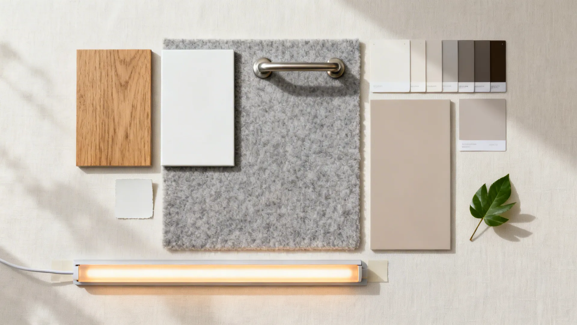 Top-down flat lay of oak, matte white, gray rug, and LED channel for minimalist zoning.