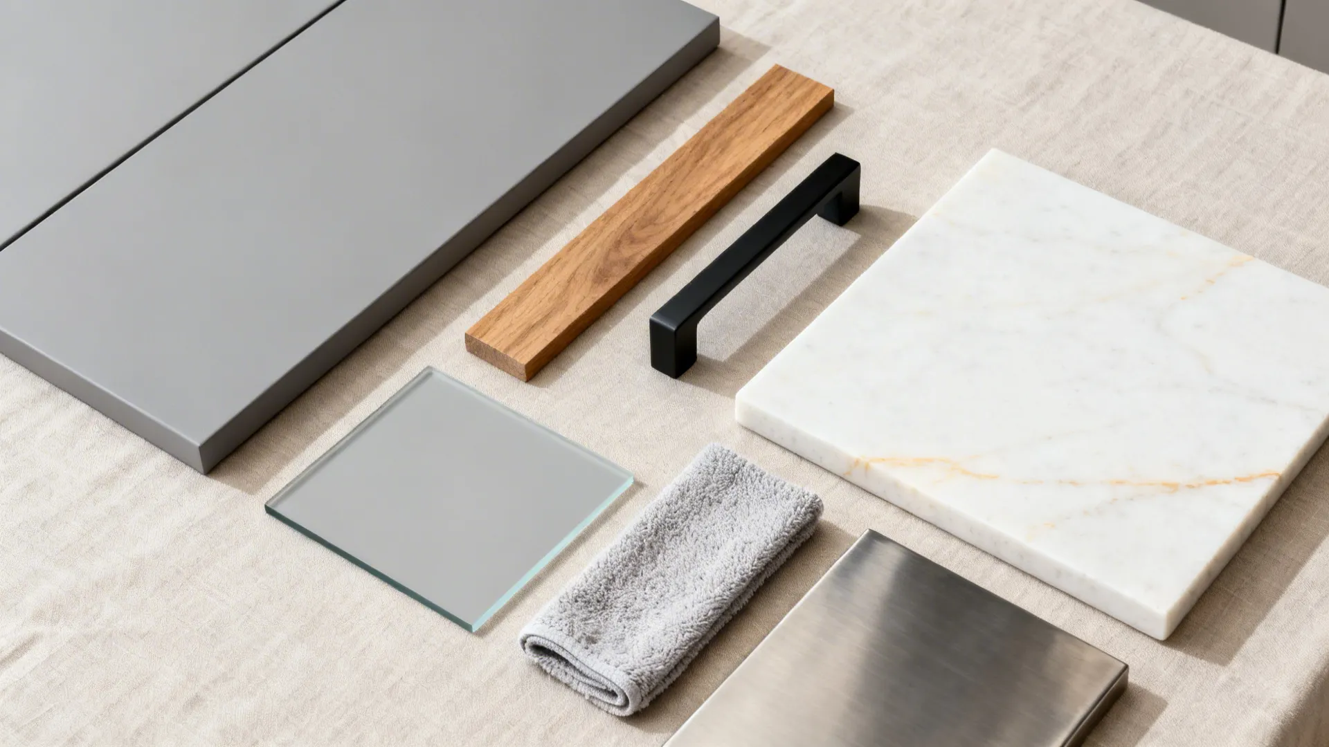 Flat lay of gray matte cabinet finish, oak veneer, glass, and white quartz for a minimalist kitchen.