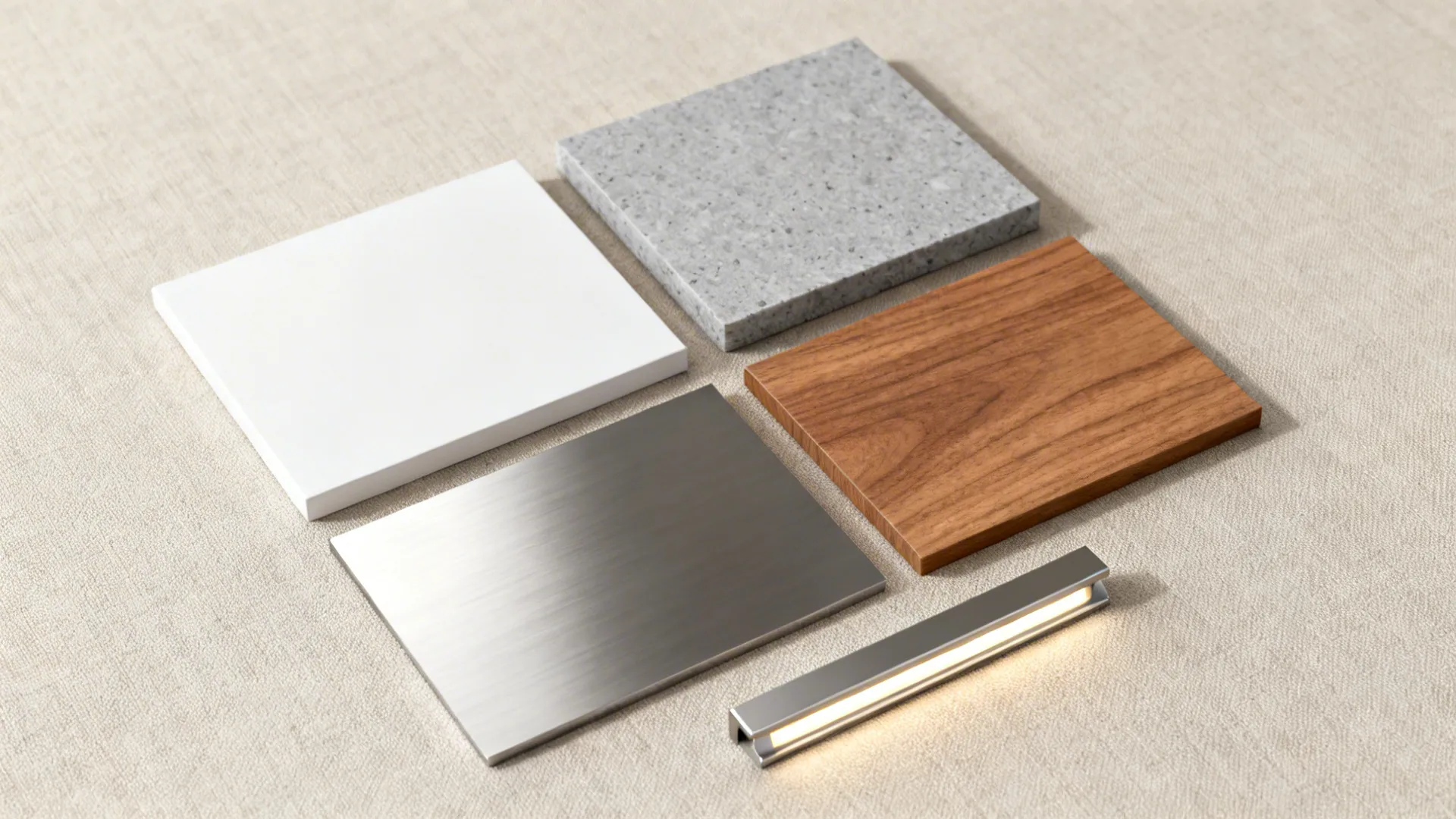 Material flat lay with matte white lacquer, quartz, stainless steel, and walnut veneer.